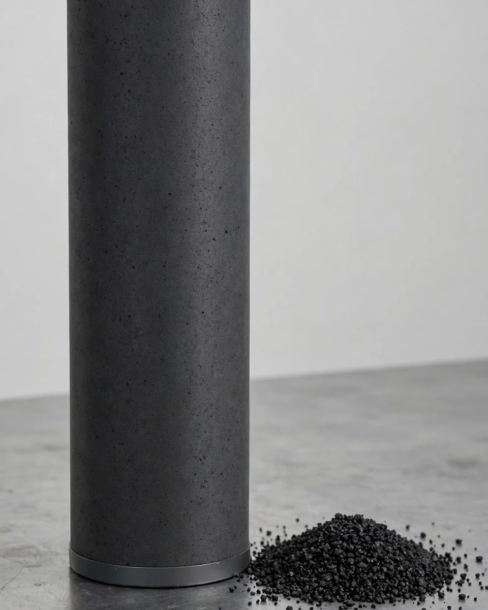 Activated carbon block filter cartridge with granular activated carbon beside it