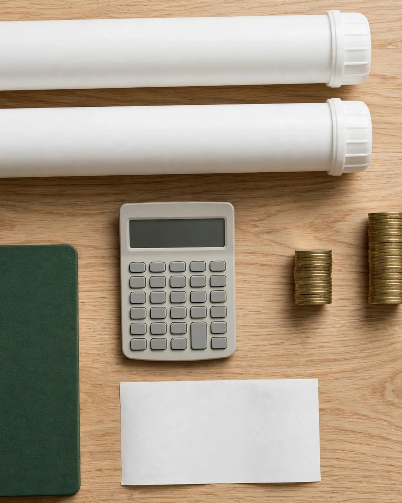 Two white plastic filter cartridges with a calculator, coins and a receipt in a cost flat-lay