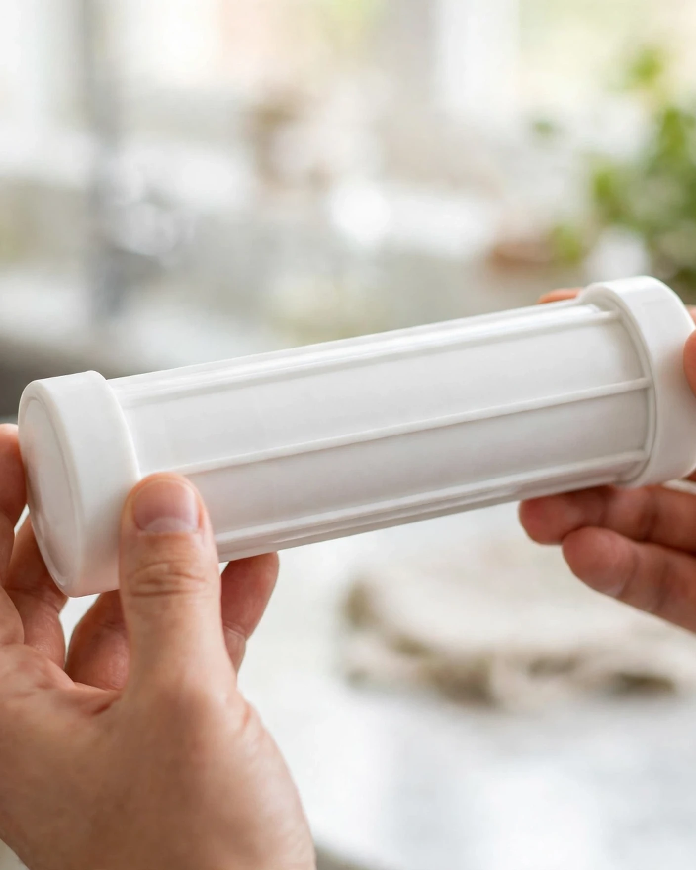 Hands holding a white plastic Alexapure-style filter cartridge
