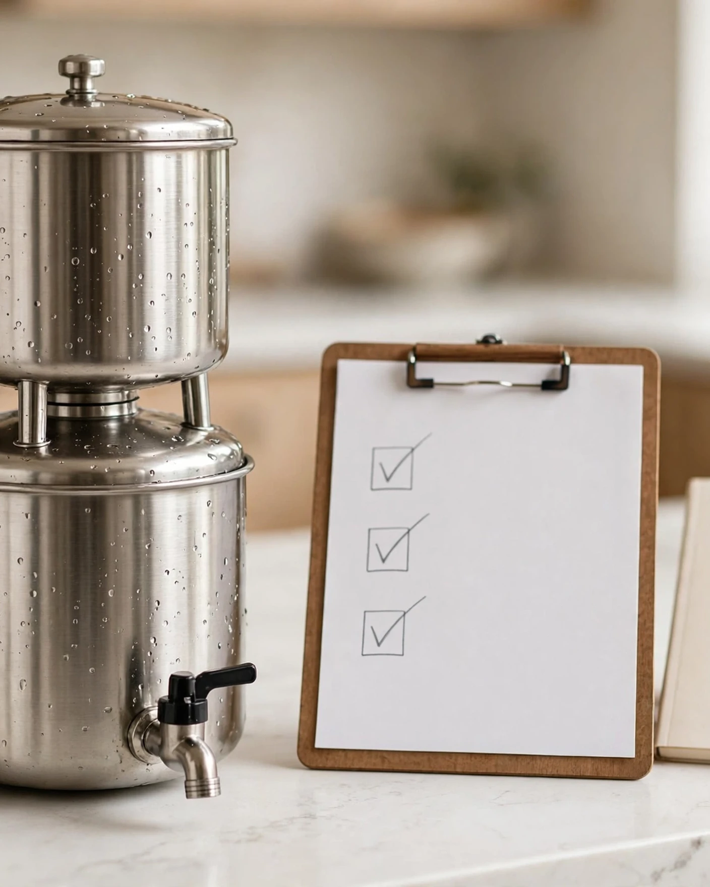 Stainless gravity water filter on a kitchen island beside a clipboard checklist