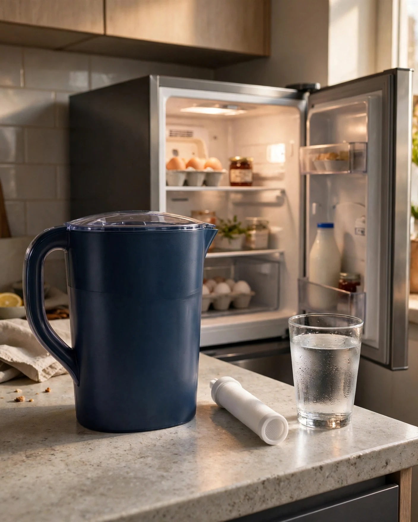 Dark blue 10-cup water filter pitcher with its filter cartridge and a glass of filtered water on a small apartment counter in front of an open compact refrigerator