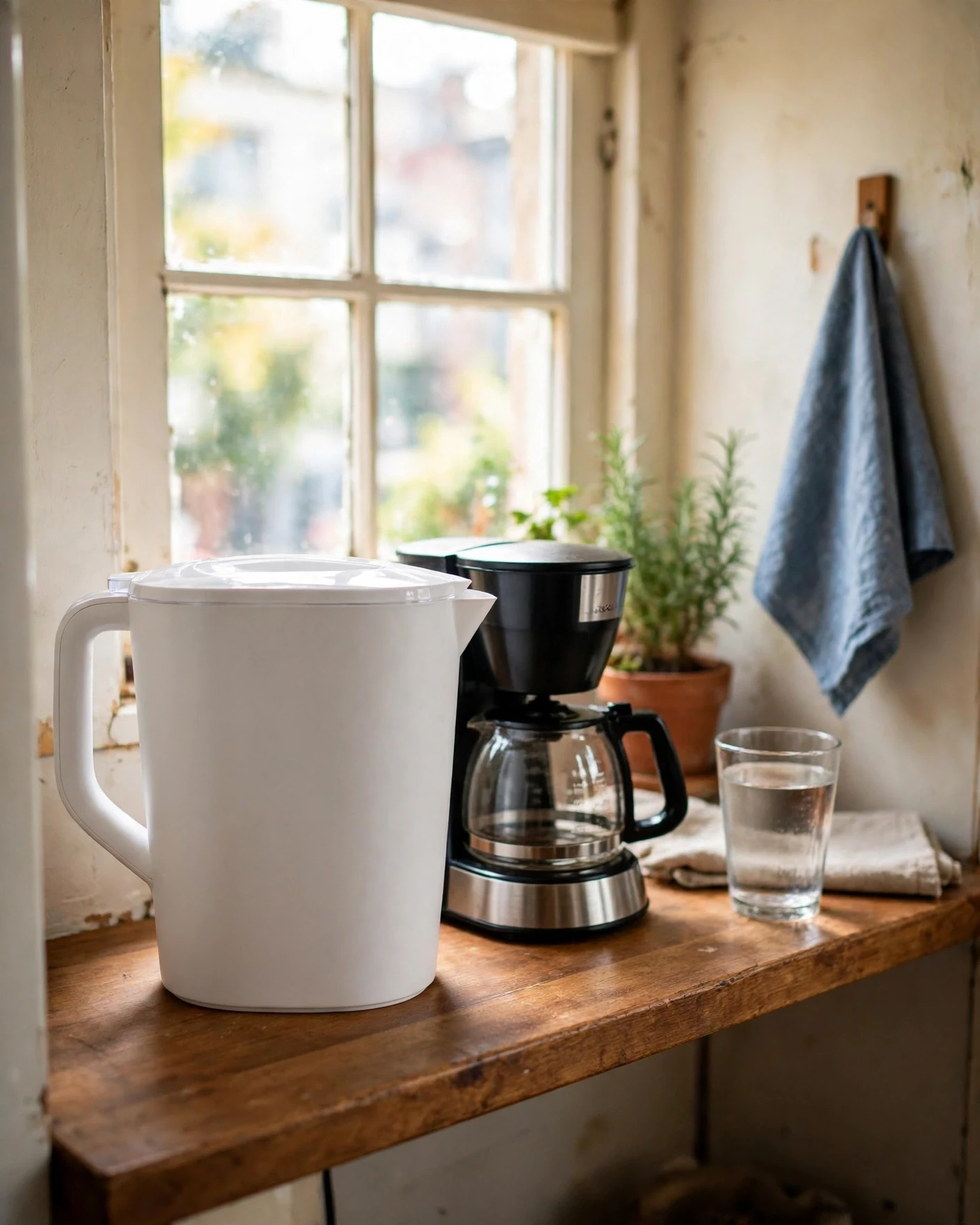 White 10-cup water filter pitcher on a narrow wooden apartment counter beside a small coffee maker