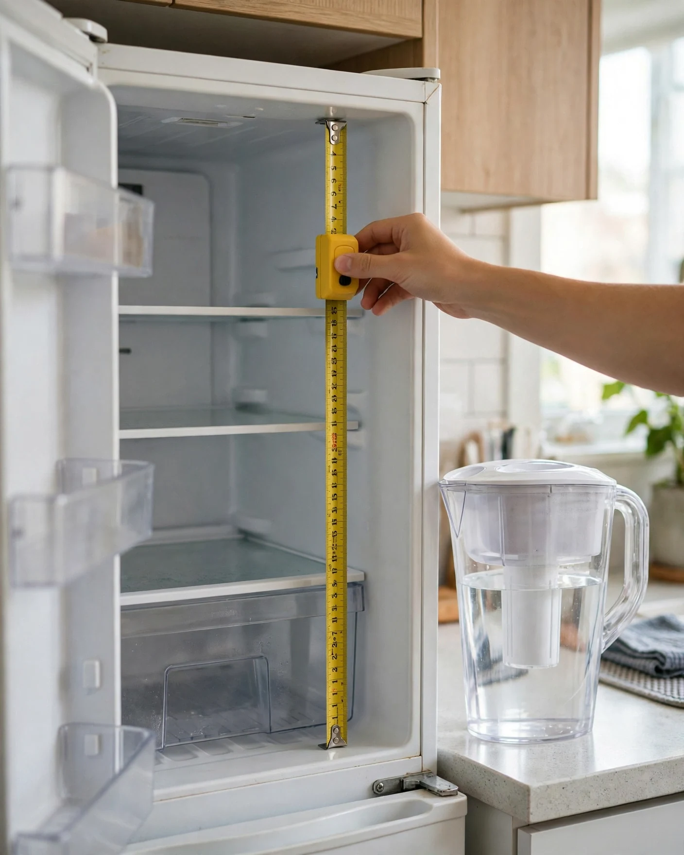 Hand holding a yellow measuring tape inside an open small apartment refrigerator measuring shelf height, with a clear water filter pitcher on the counter beside it