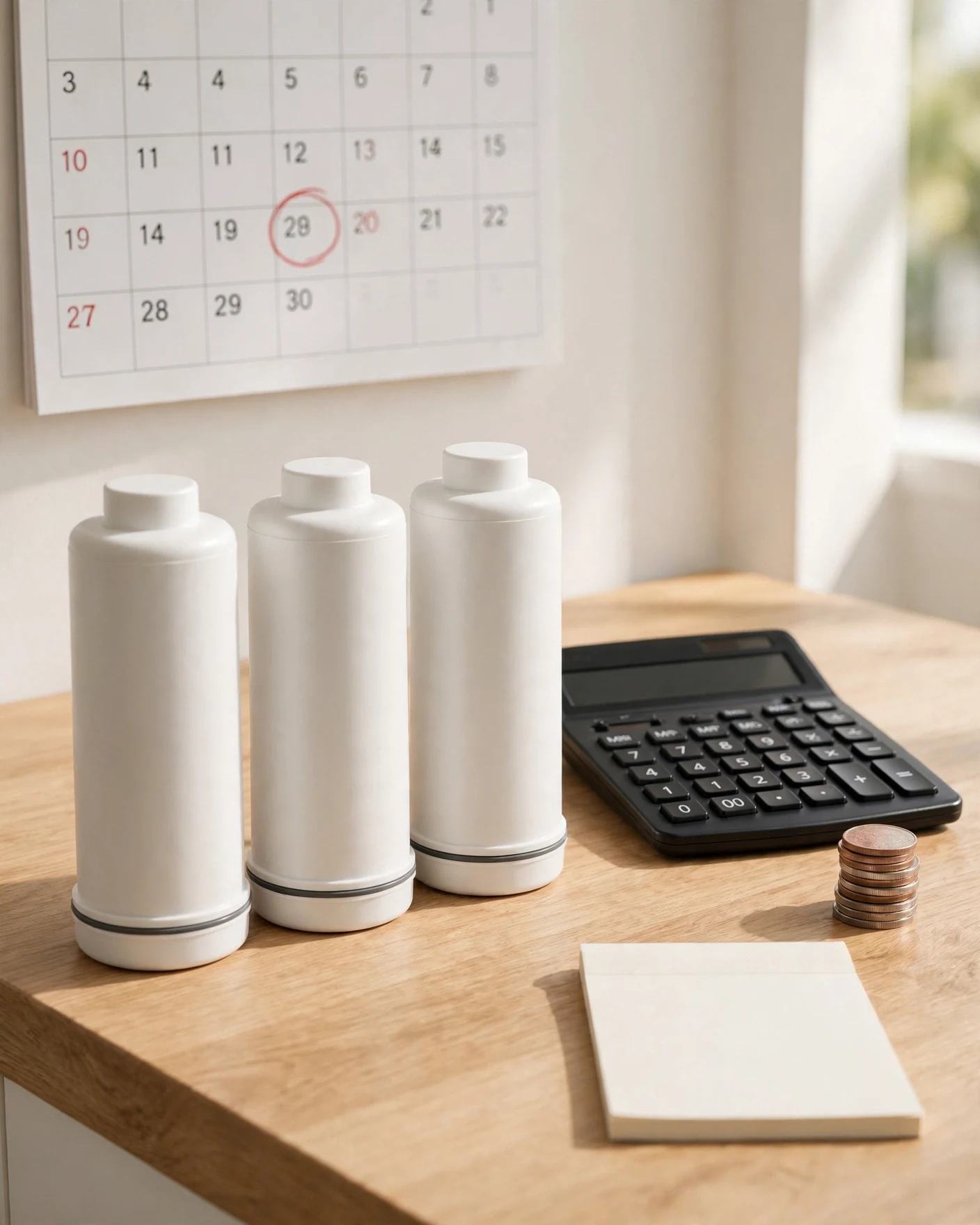 Row of water filter cartridges beside a calculator, wall calendar with a circled date, coins and a notepad on a light oak counter