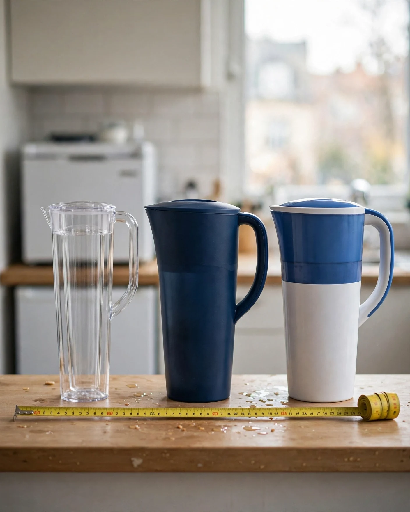 Three different water filter pitchers lined up on a small apartment kitchen counter with a measuring tape across the front