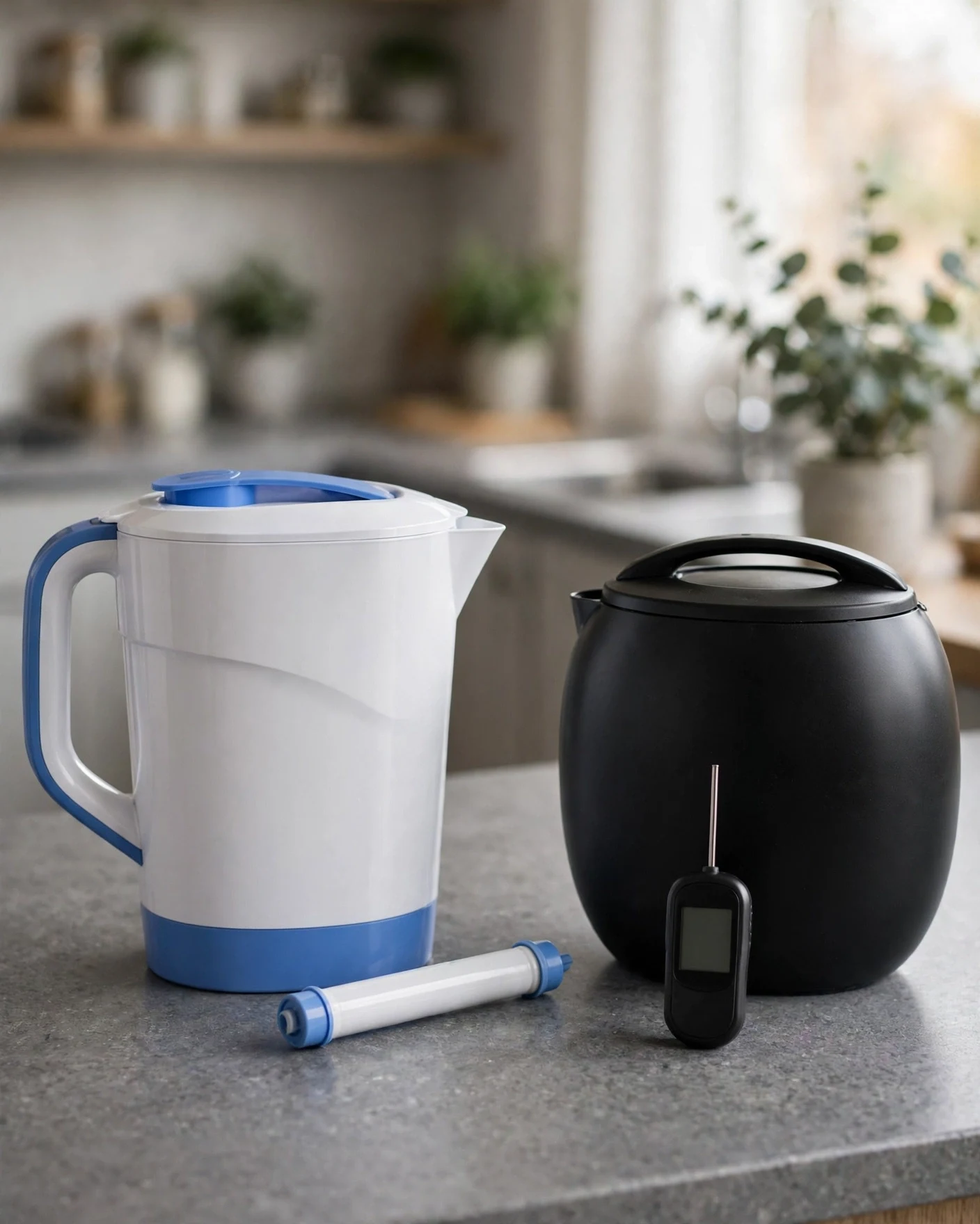 White and blue 11-cup water filter pitcher with its cartridge beside a round black 10-cup pitcher and a handheld TDS meter on a grey apartment counter