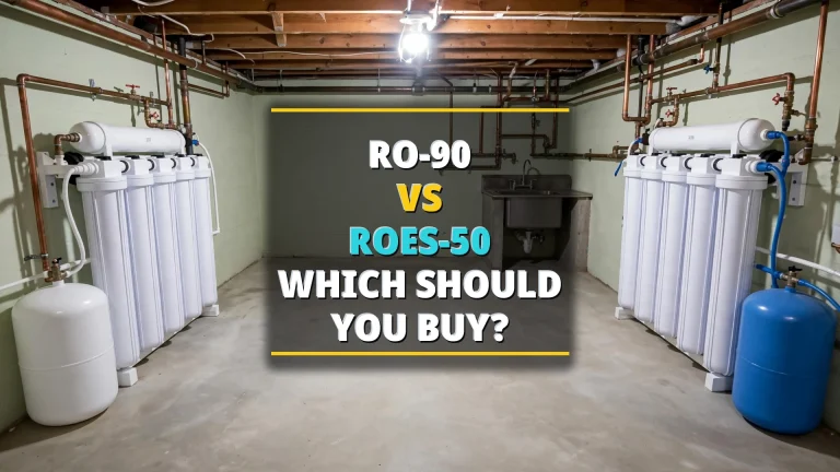 APEC RO-90 vs ROES-50 — two reverse-osmosis faucets pouring into glasses at a kitchen sink