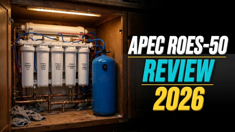 APEC ROES-50 five-stage under-sink reverse osmosis unit with blue 4-gallon storage tank in an open cabinet, review headline text
