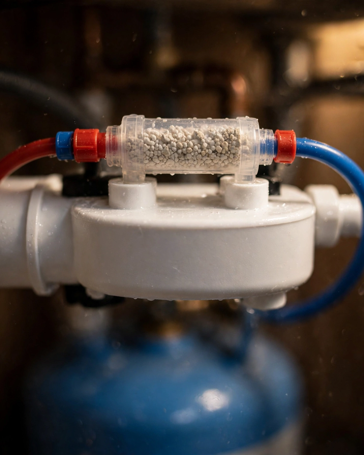 Close-up of the ROES-PH75's sixth-stage inline calcium remineralization filter with visible mineral media