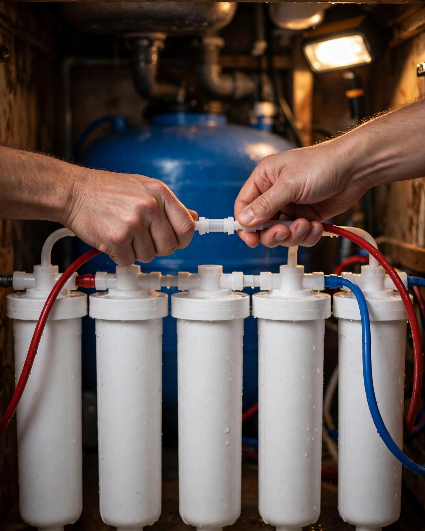 Hands twisting the ROES-PH75's sixth-stage inline remineralization cartridge during a filter change under a kitchen sink