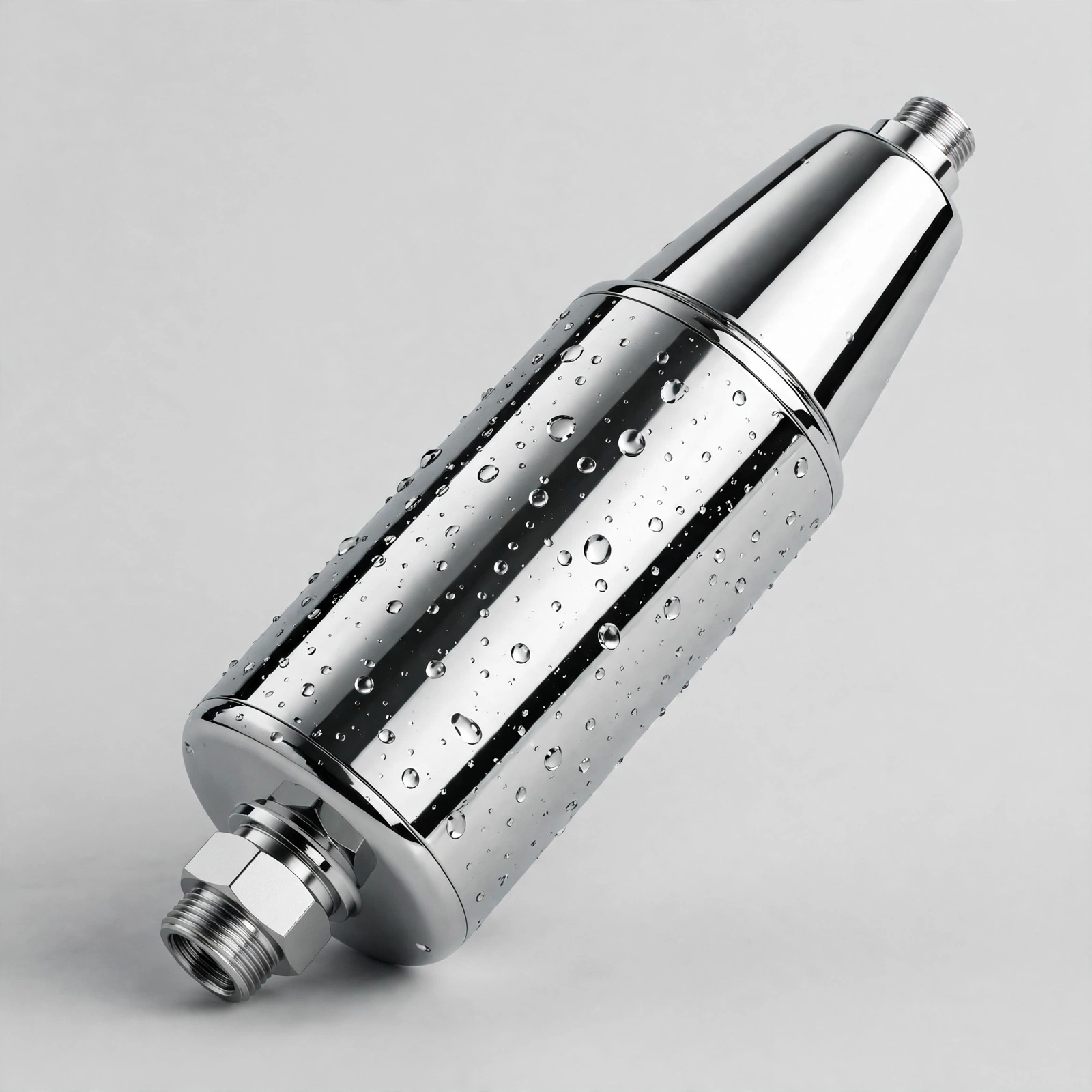 AquaBliss SF100 chrome inline shower filter canister on a studio background