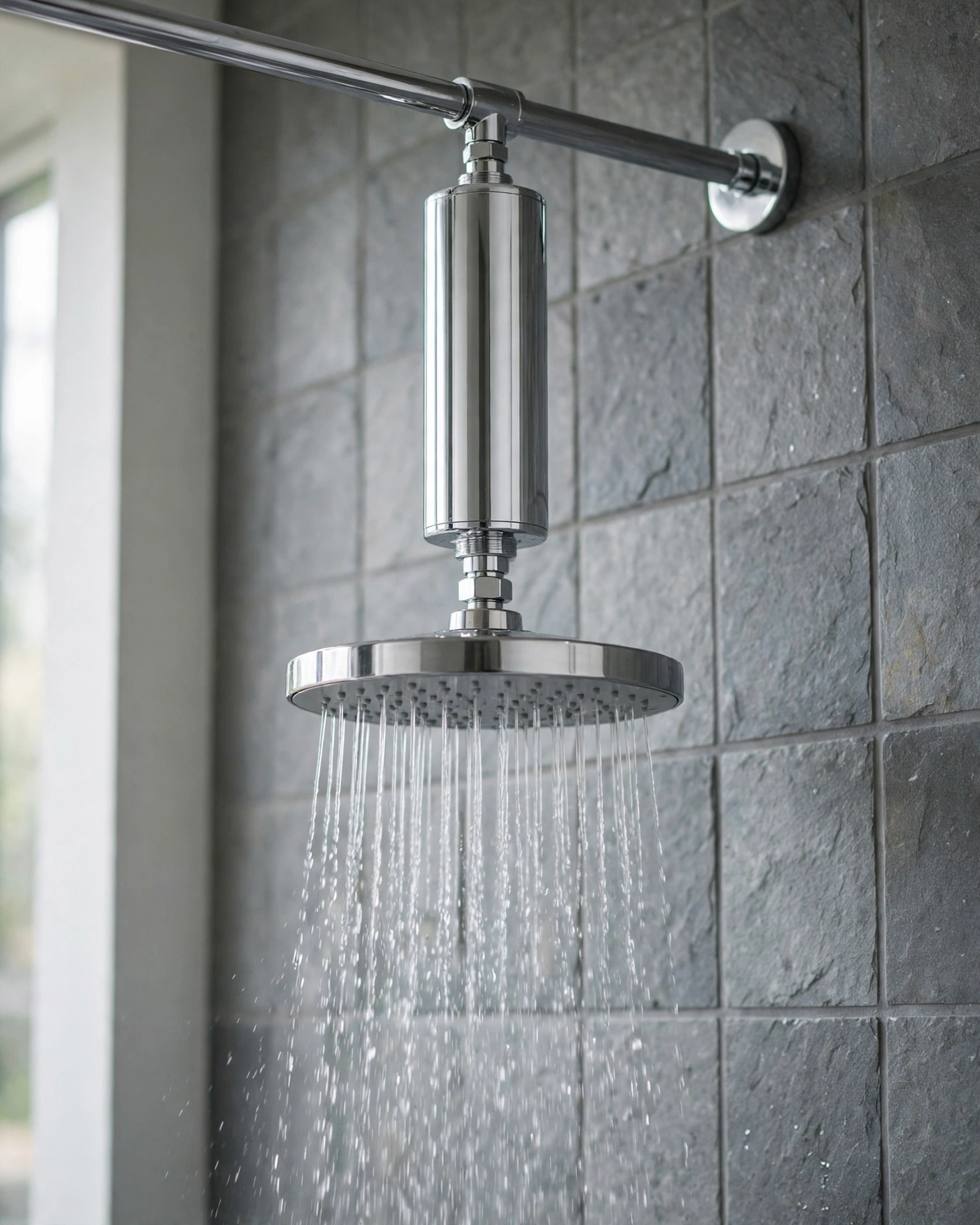 AquaBliss SF100 inline filter installed between a shower arm and a rainfall showerhead