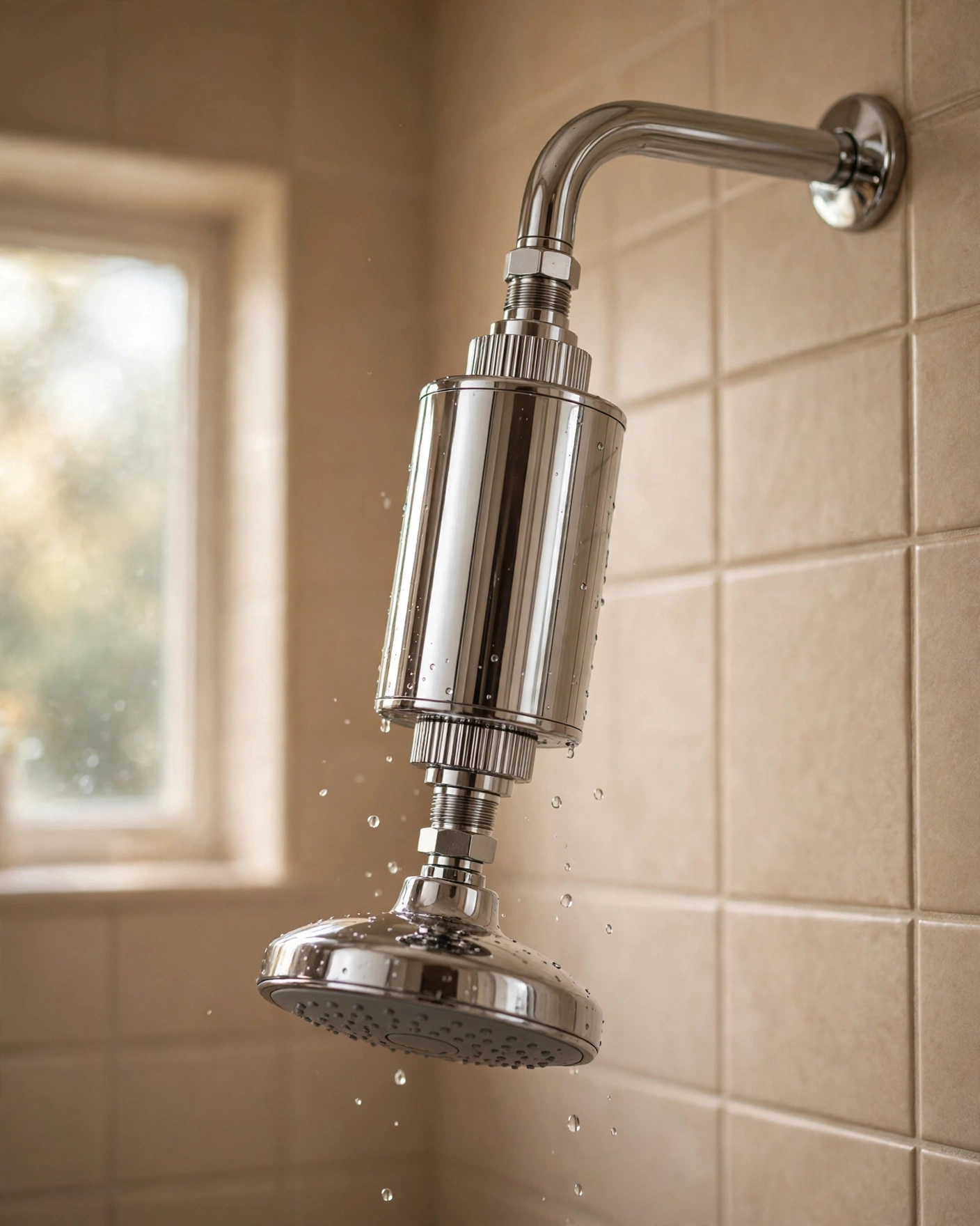 AquaBliss SF100 chrome inline shower filter fitted above a standard showerhead