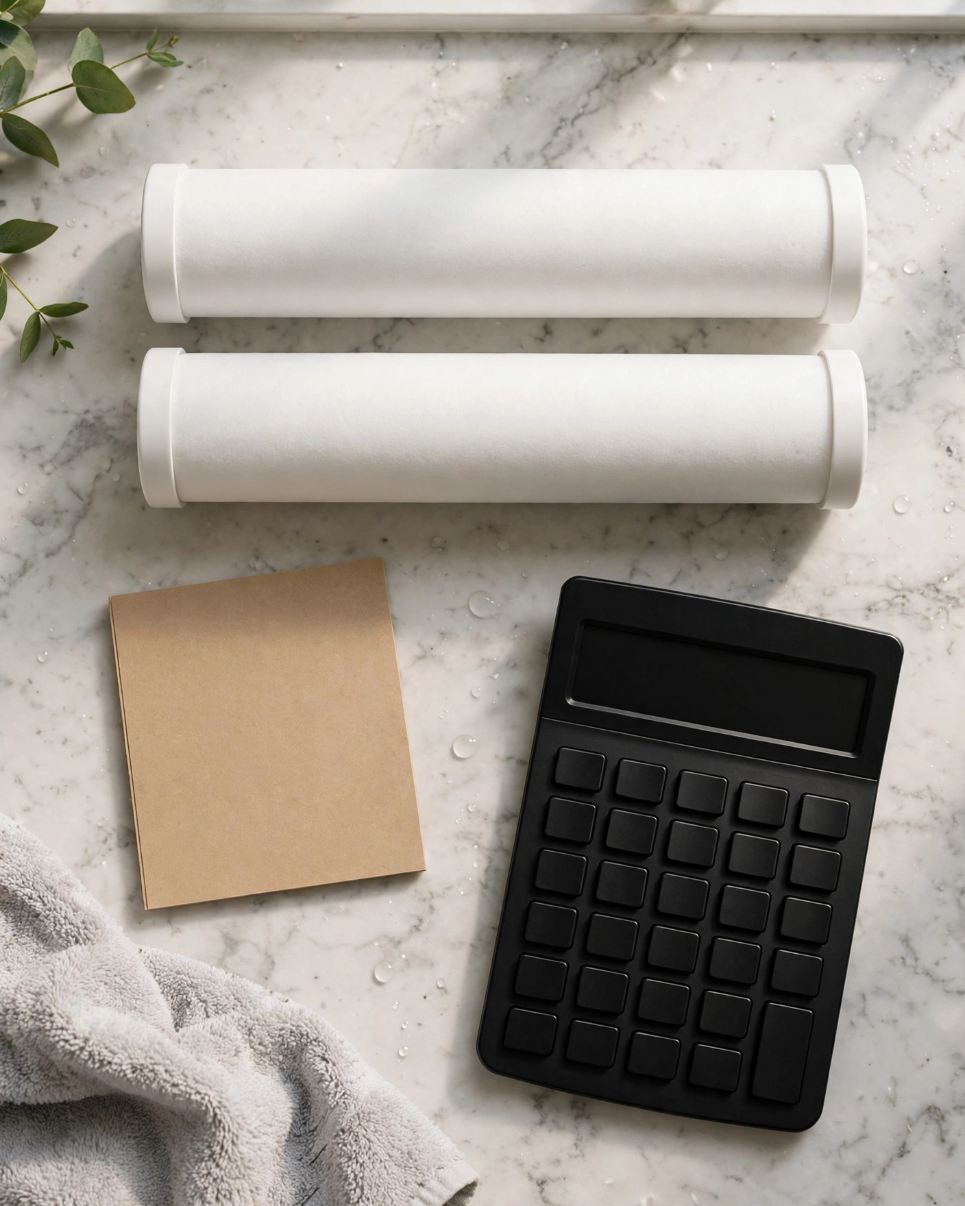 Two replacement shower filter cartridges with a calculator and notepad on a bathroom counter