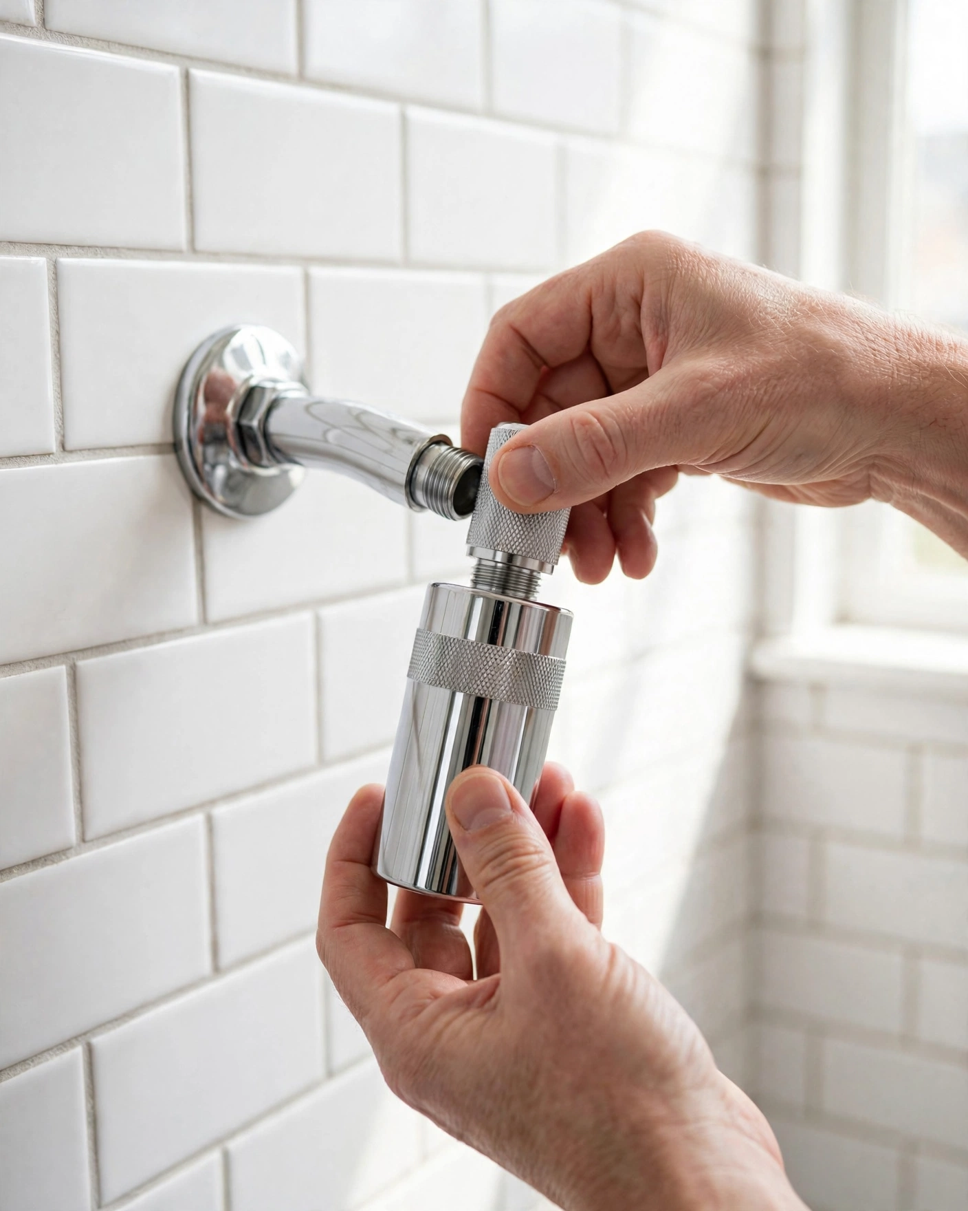 Hands threading an inline shower filter onto a shower arm by hand, no tools