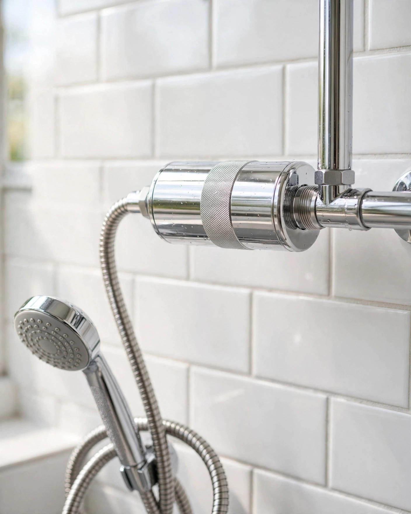Chrome inline shower filter threaded onto a shower arm beside a handheld wand, white subway tile