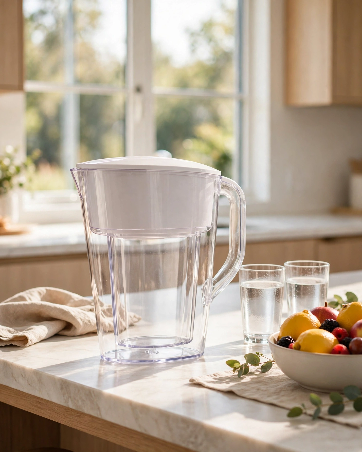 AQUAGEAR pitcher with two glasses of water on a bright kitchen island