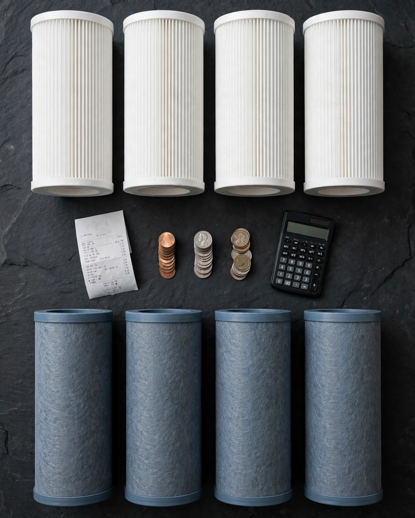 Two rows of whole-house replacement filter cartridges with a calculator, receipt, and coins on dark slate