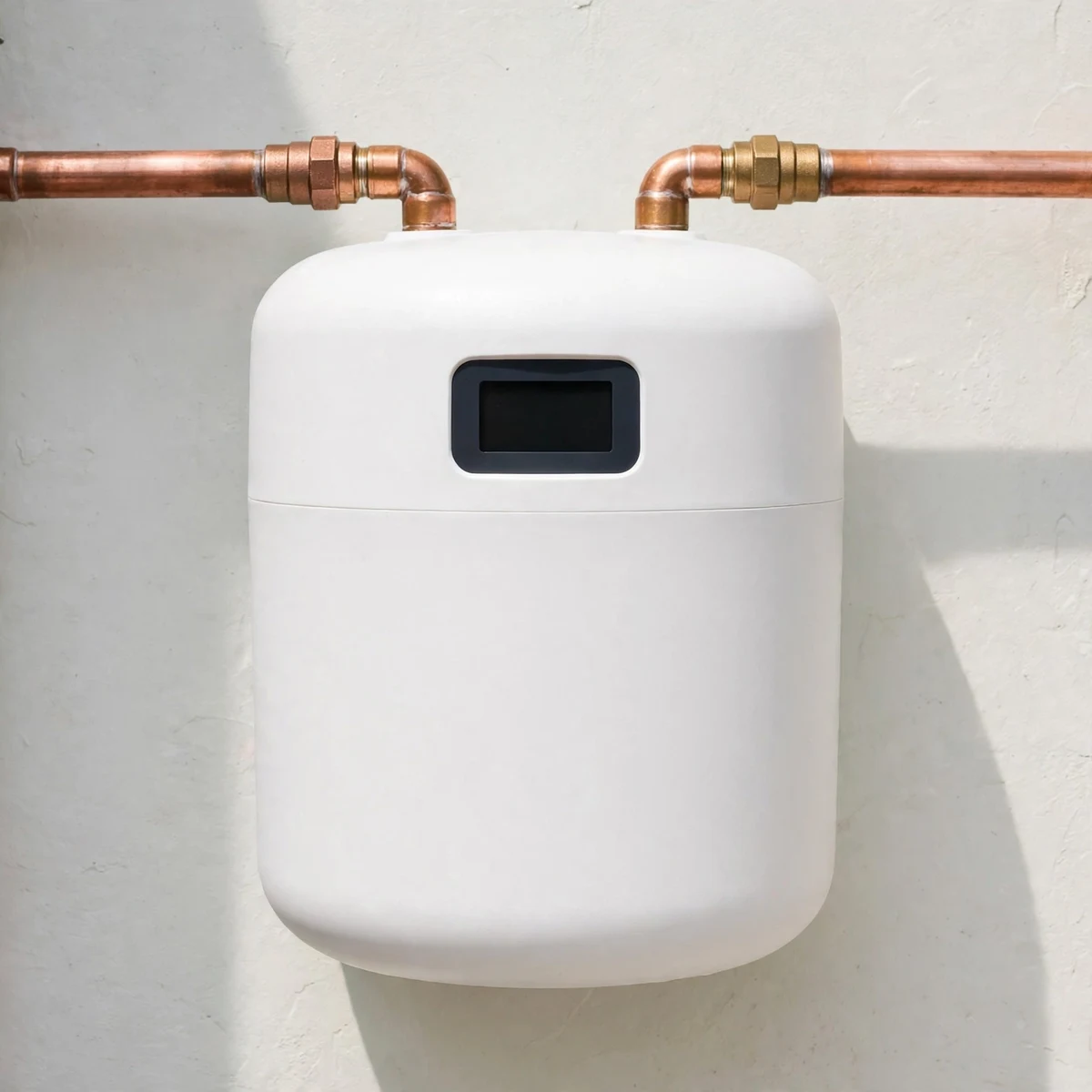 Aquasana HealthShield compact white whole-house filter tank with digital display on a utility-room wall