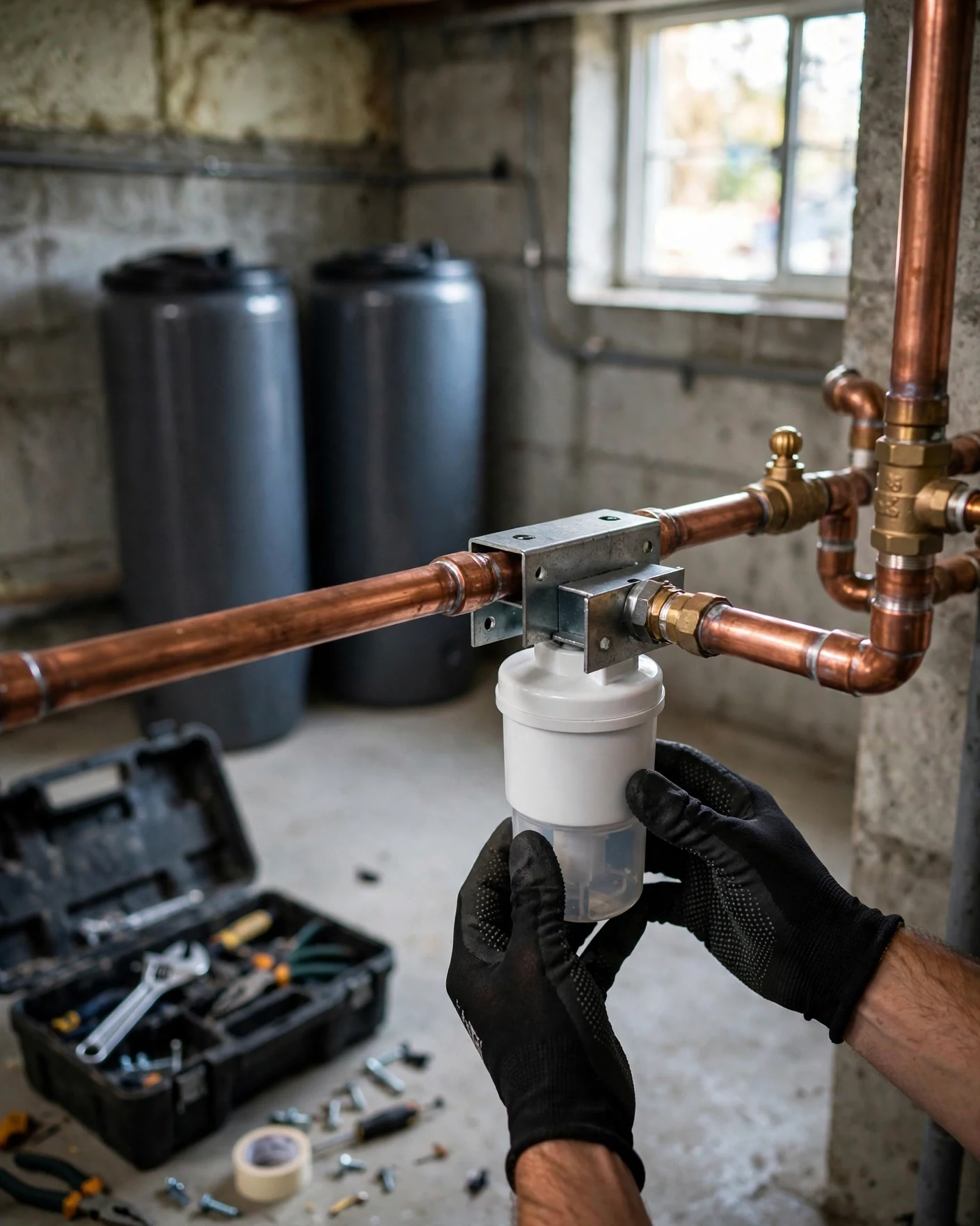 Gloved hands mounting a compact single water filter tank on a copper main line in a daylight basement