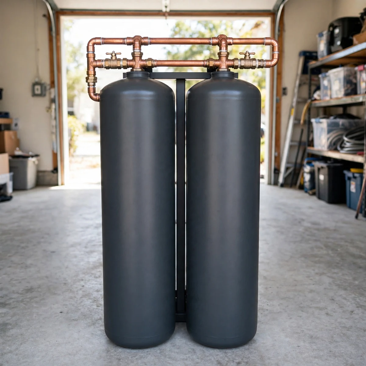 Aquasana Rhino WH-1000 dark-grey twin-tank whole-house filter system in a bright garage