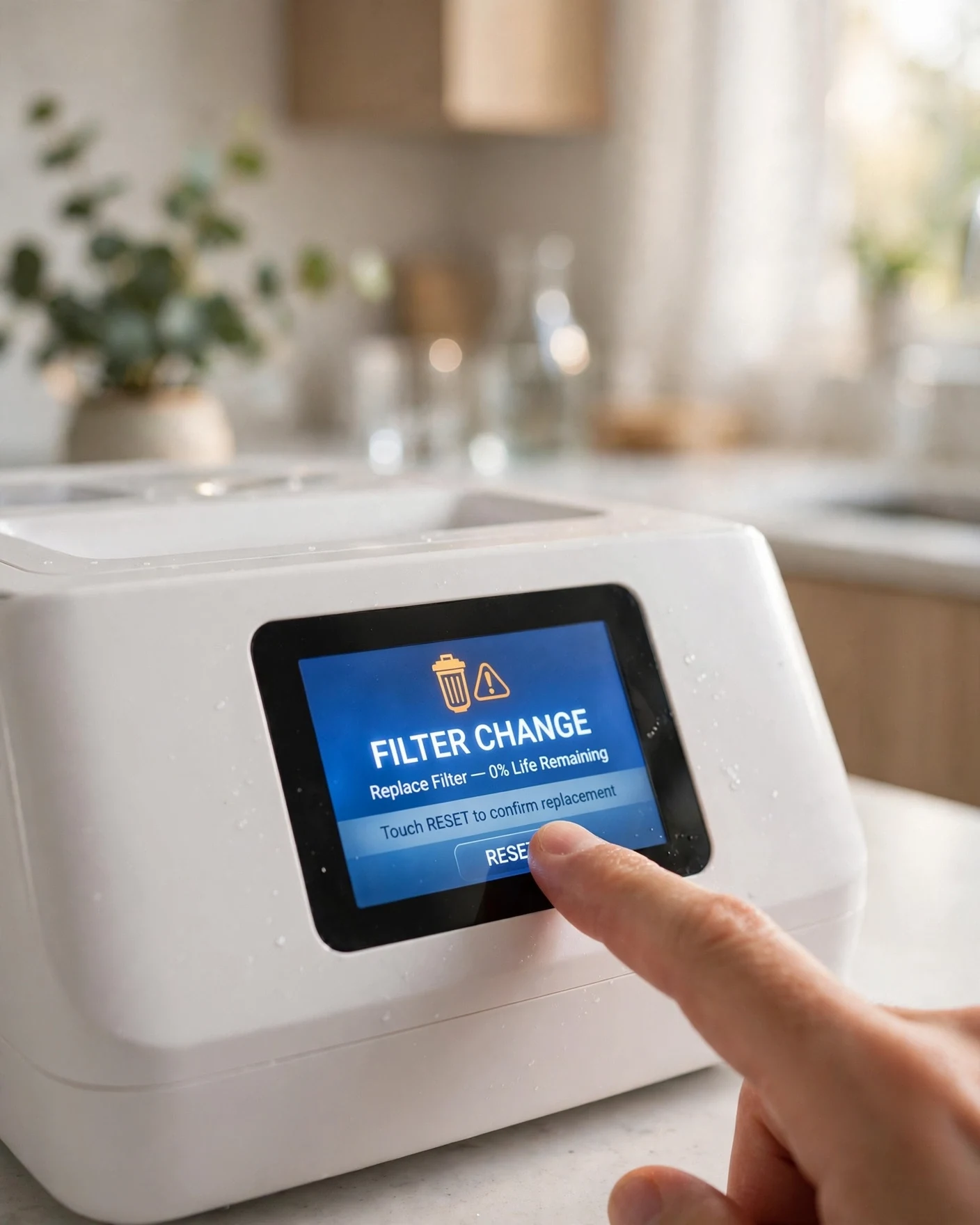 Close-up of the filter-change indicator display on a white countertop RO unit