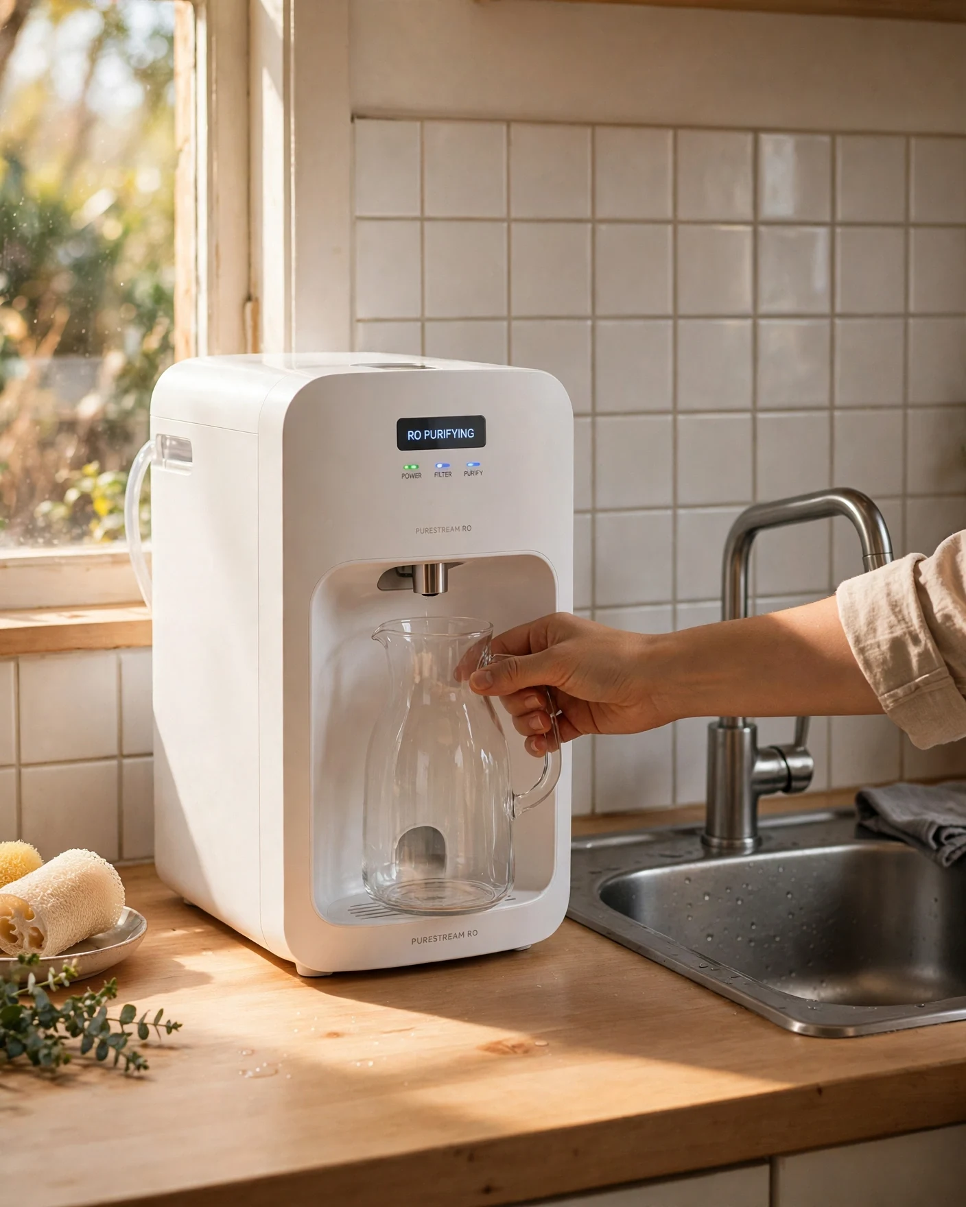 AquaTru Carafe countertop RO unit with glass carafe on a small apartment kitchen counter by the sink
