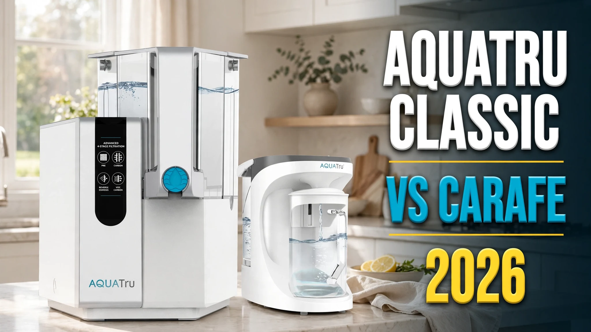 AquaTru Classic countertop RO unit beside the compact AquaTru Carafe unit with glass carafe on a kitchen counter