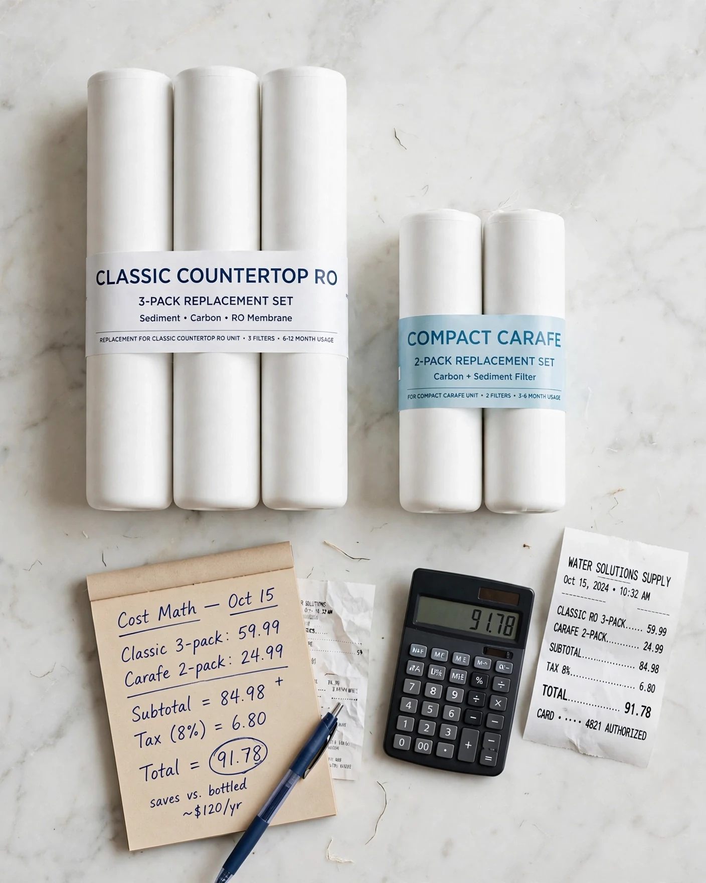 Classic and Carafe replacement filter cartridge sets with calculator and receipts showing cost math