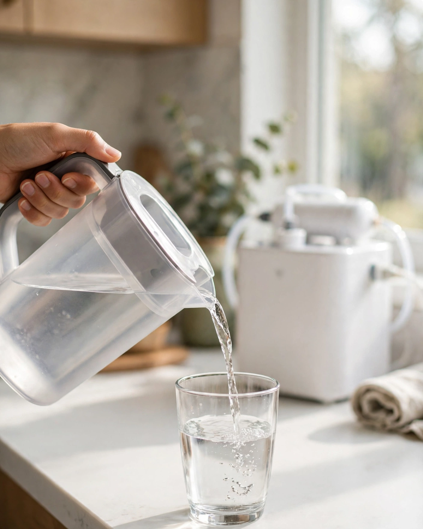 Pouring filtered water from the AquaTru Classic clean-water pitcher into a glass