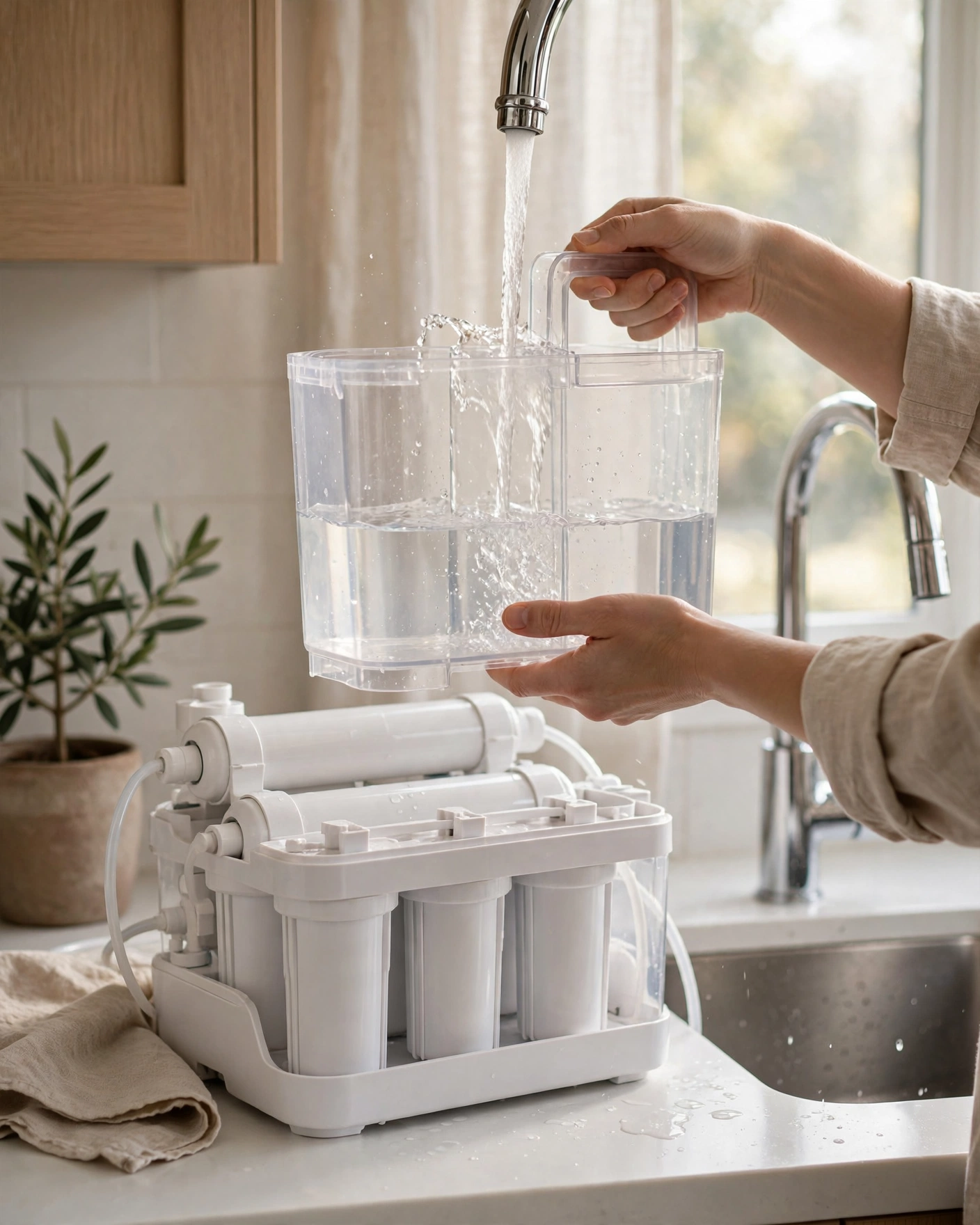 Refilling the AquaTru Classic tap-water tank at a kitchen sink