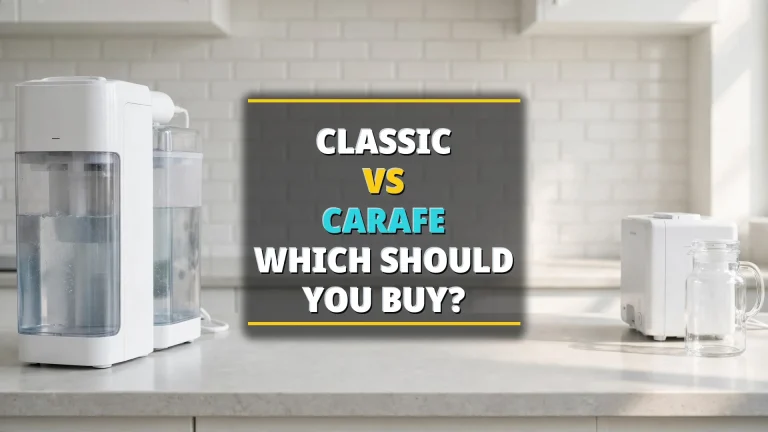 AquaTru Classic countertop RO unit beside the compact AquaTru Carafe unit with glass carafe on a kitchen counter