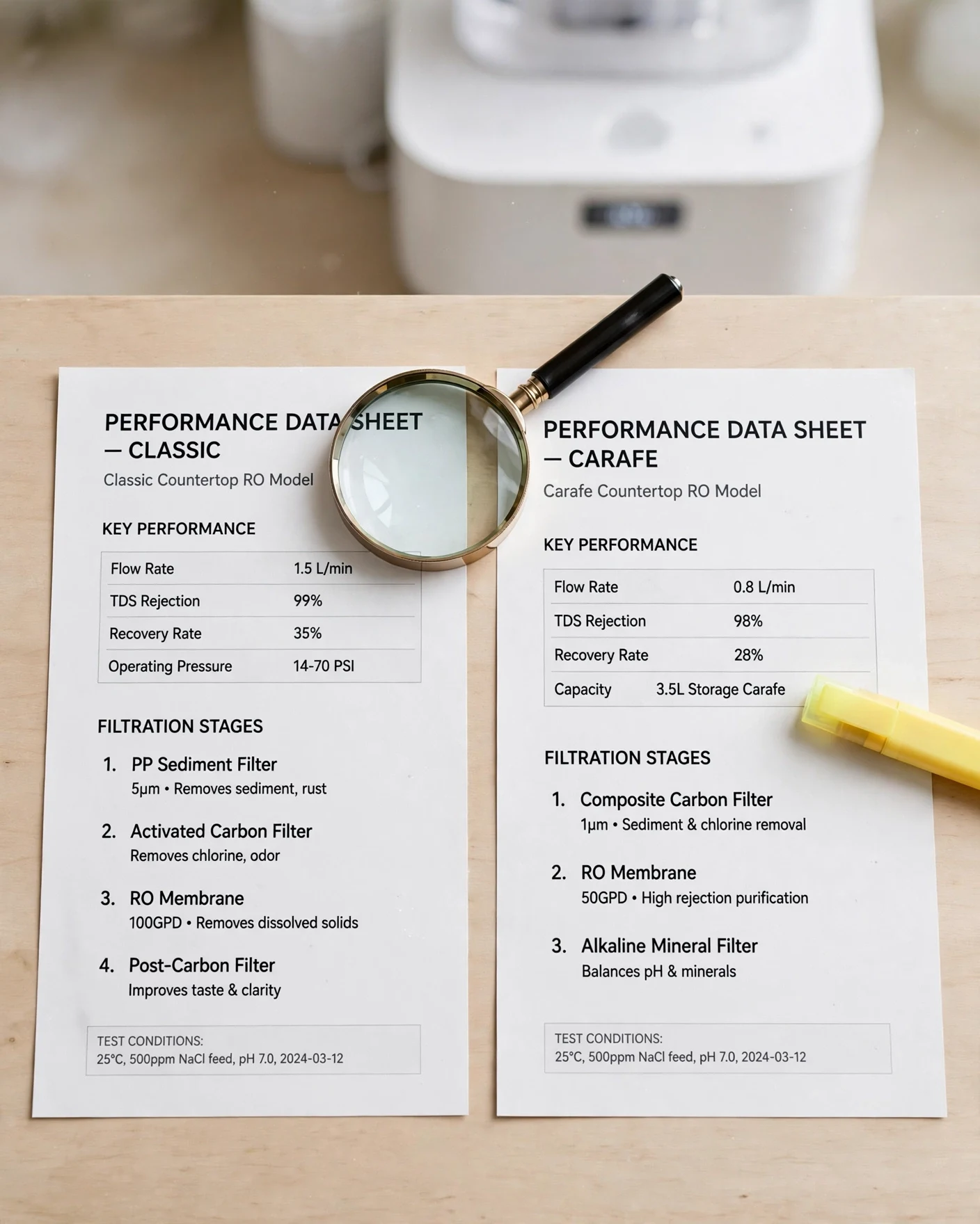Printed AquaTru Classic and Carafe performance data sheets with magnifier on a desk