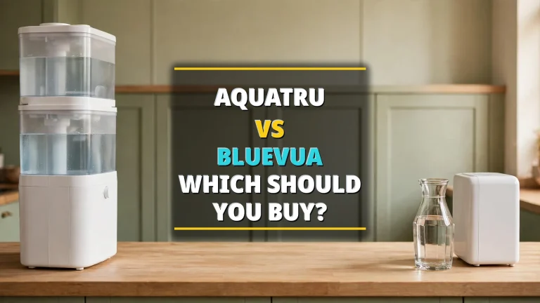 AquaTru vs Bluevua — two countertop reverse-osmosis units side by side in a bright kitchen