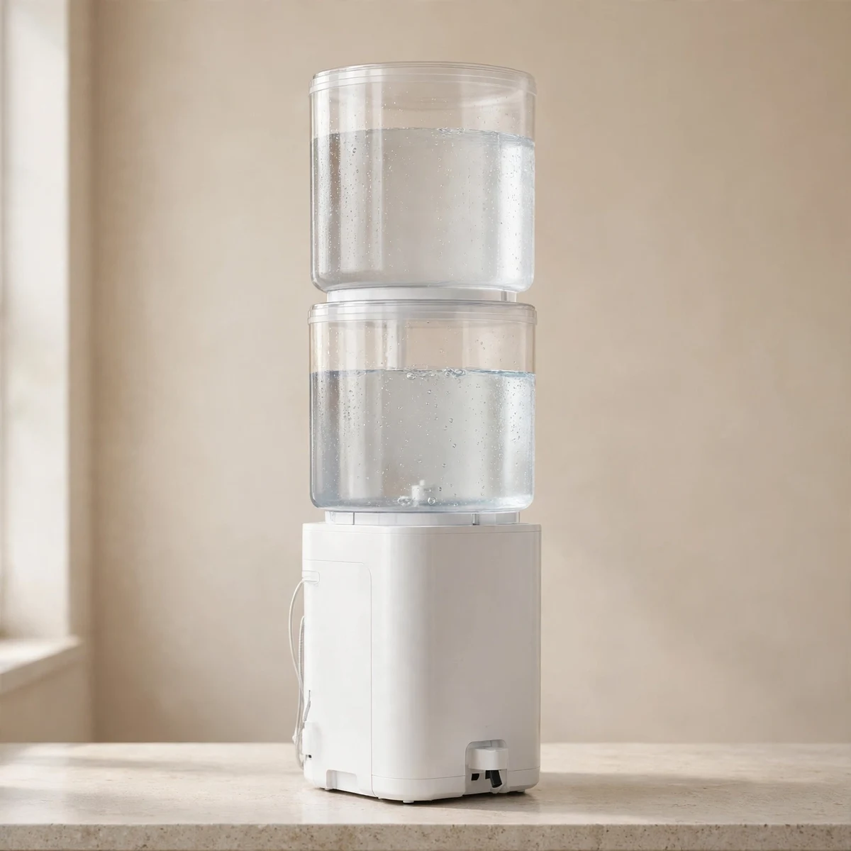 AquaTru Classic countertop reverse osmosis unit with stacked tanks on a kitchen counter