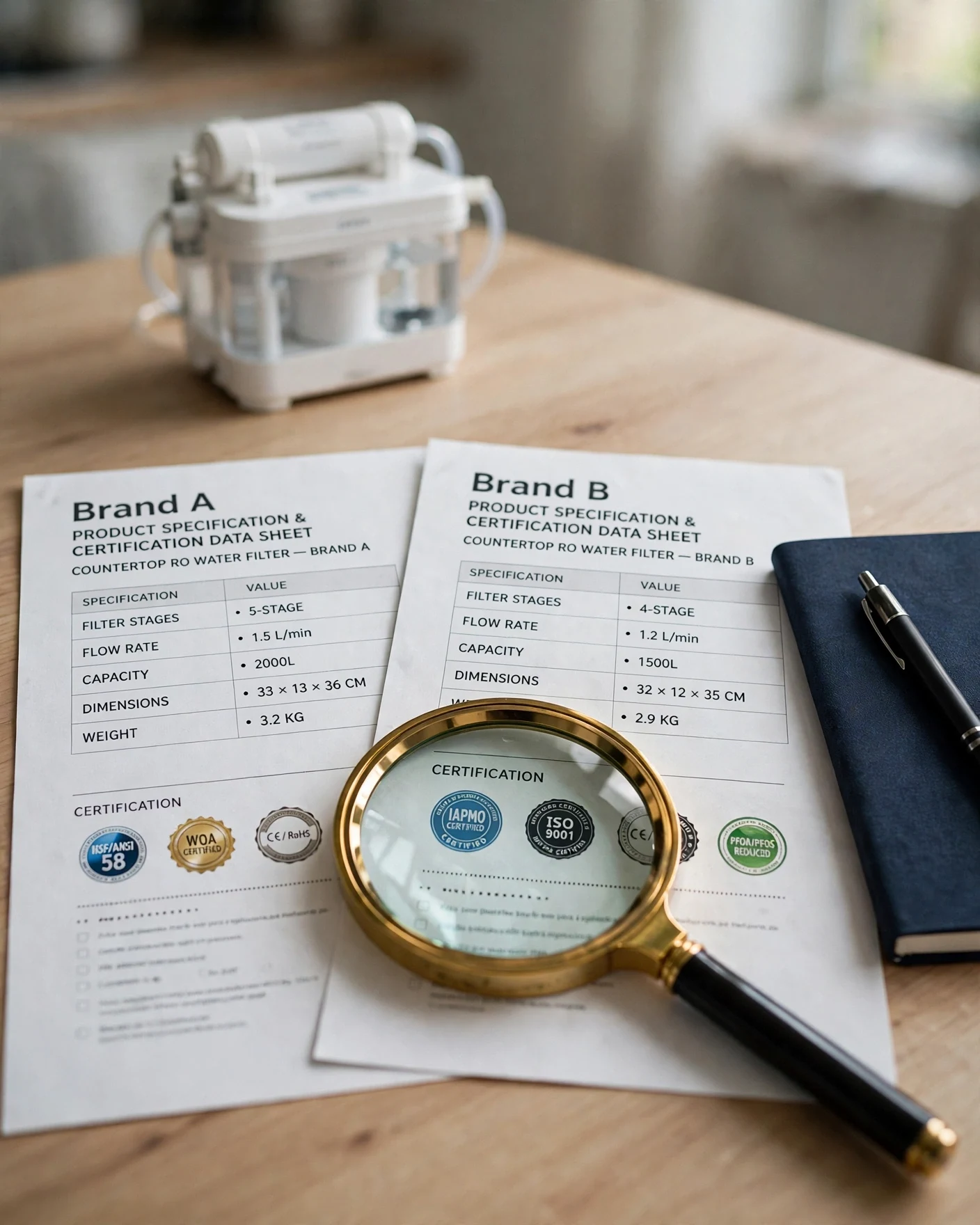 Two printed product specification and certification data sheets with a magnifying glass, a countertop RO unit blurred behind