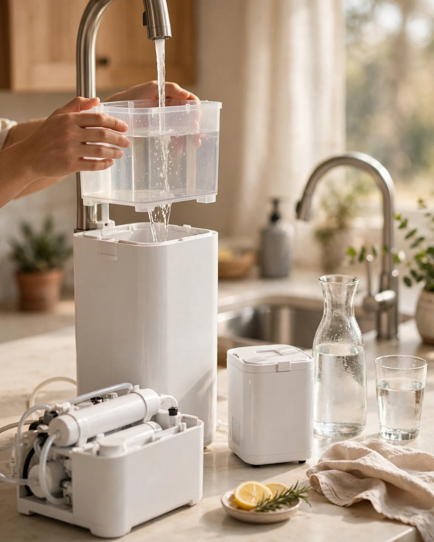 Hands refilling the removable water tank of a countertop RO unit at a kitchen sink