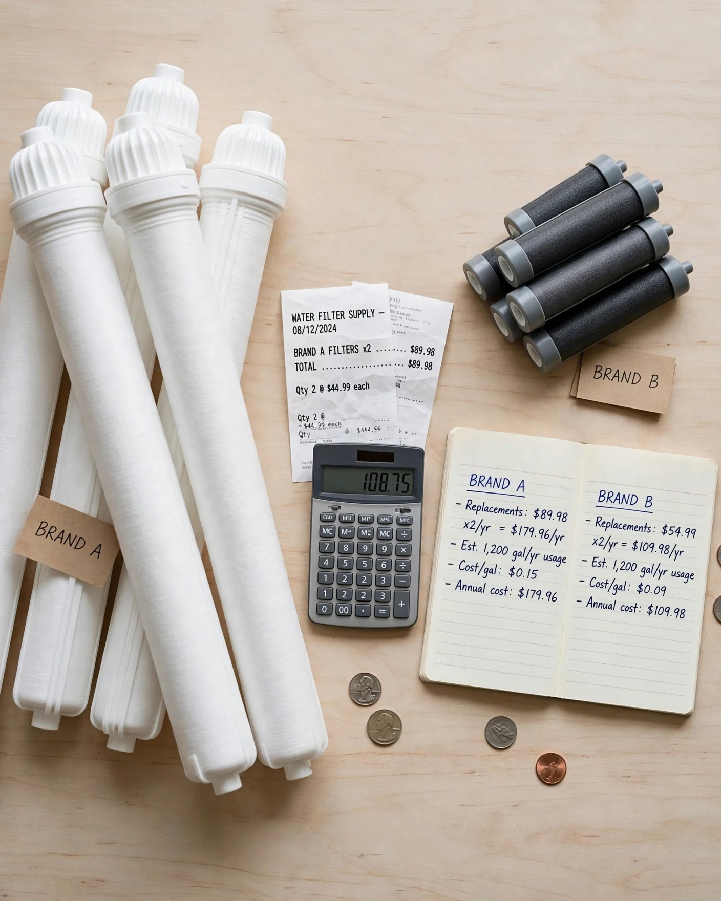 Replacement filter cartridges for two countertop RO brands with a calculator, receipts, and a cost-comparison notepad