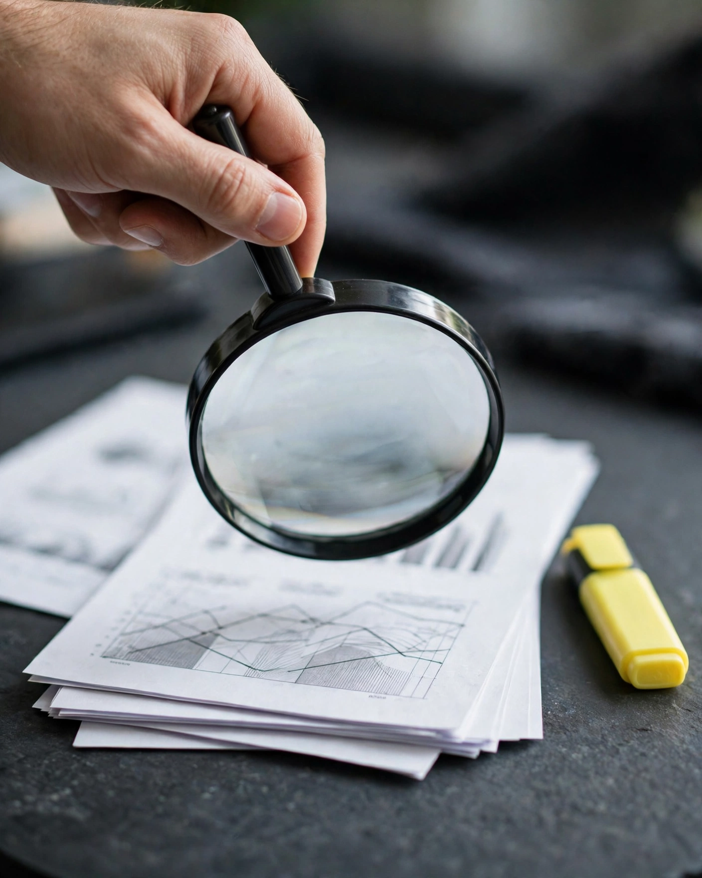Magnifying glass over printed performance data sheets for certification verification