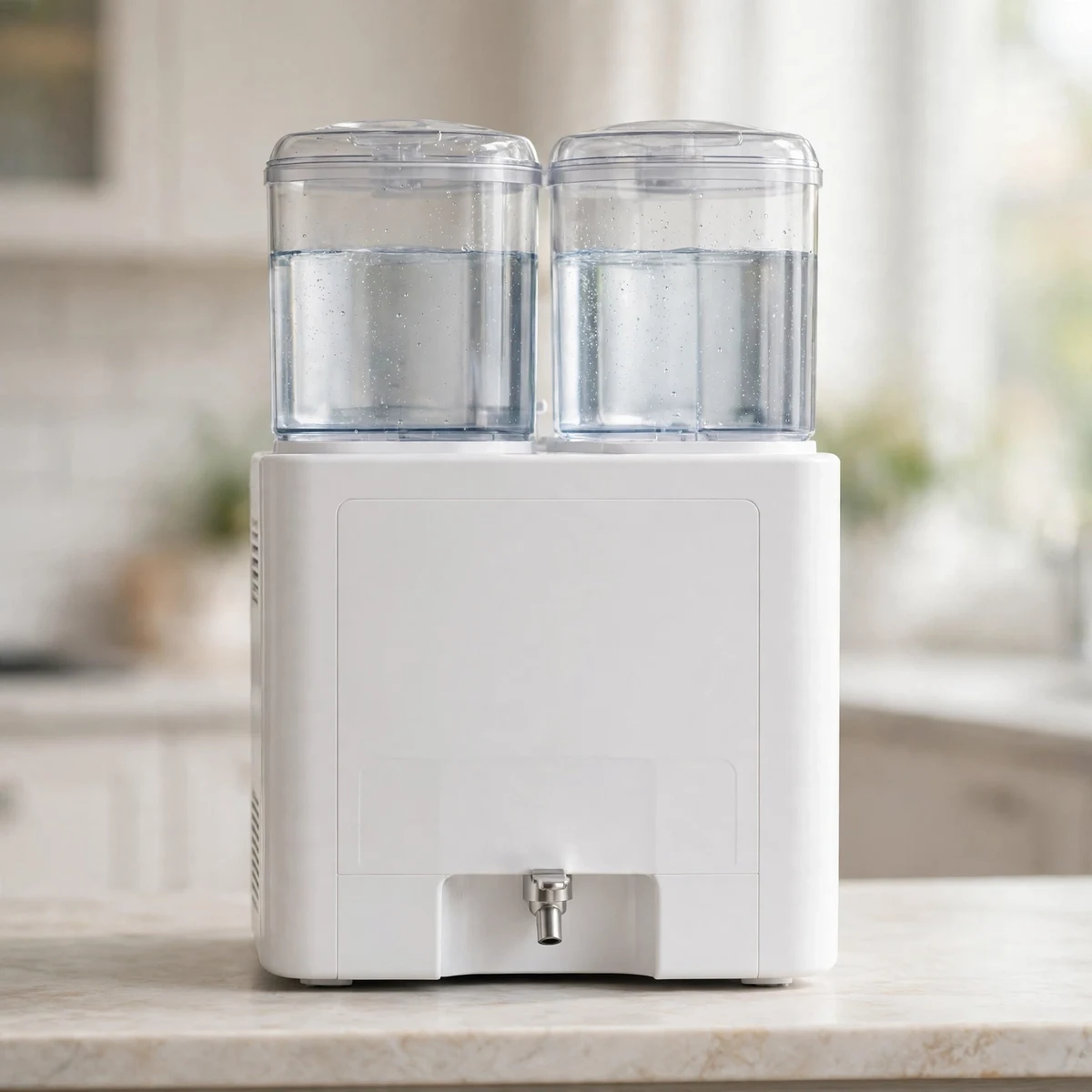 AquaTru Classic countertop reverse osmosis unit with twin translucent tanks on a kitchen counter
