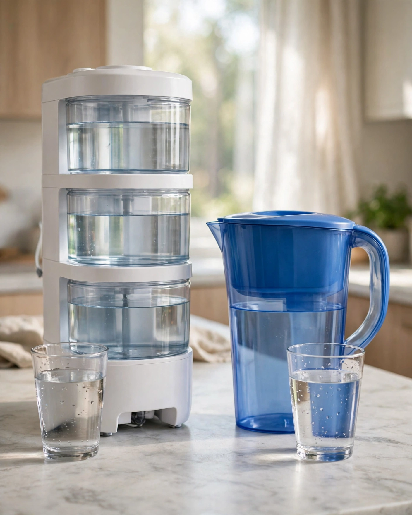AquaTru countertop RO unit beside a blue Brita-style pitcher, each with a glass of water in front