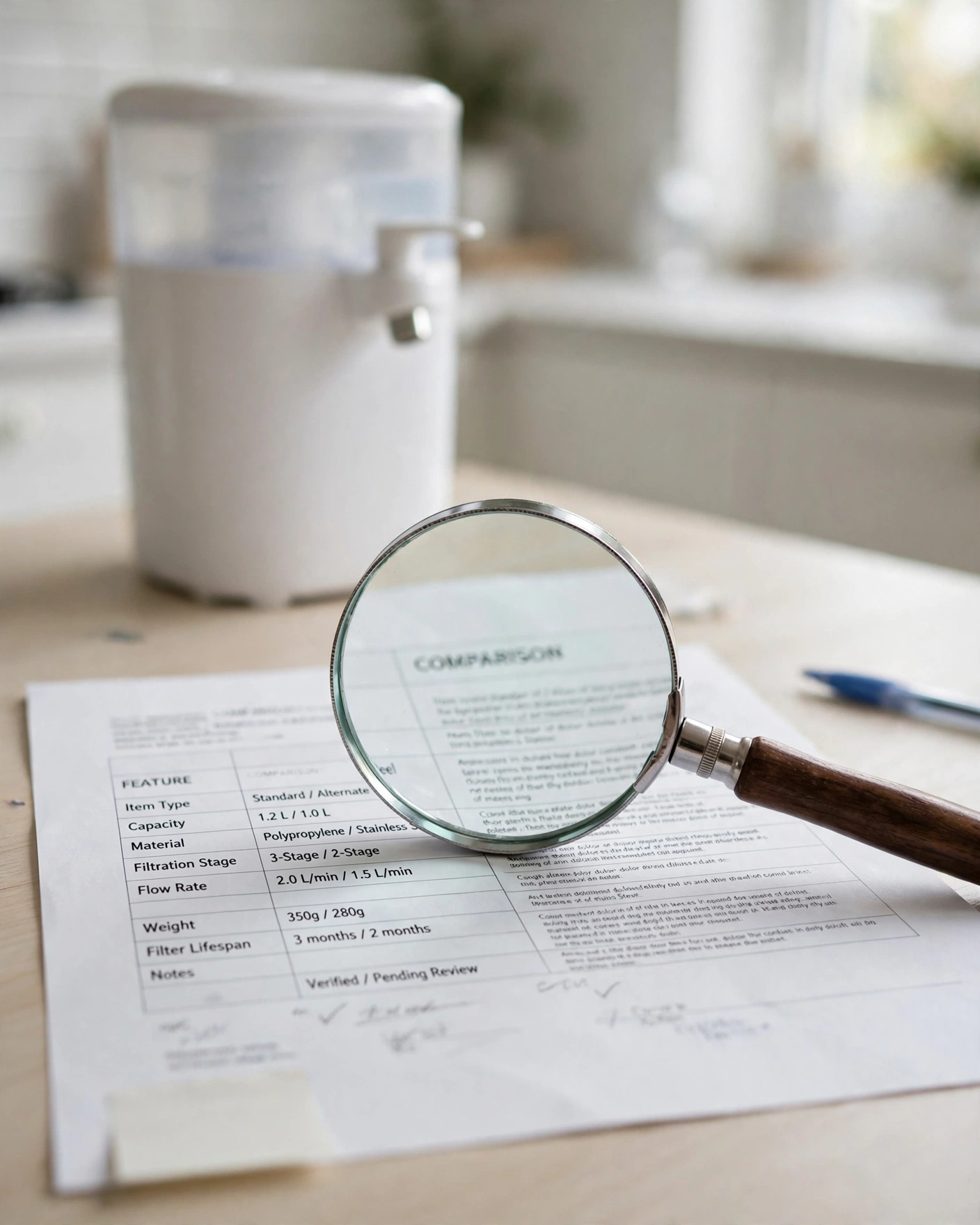 Magnifying glass over a printed certification comparison sheet beside a countertop water filter