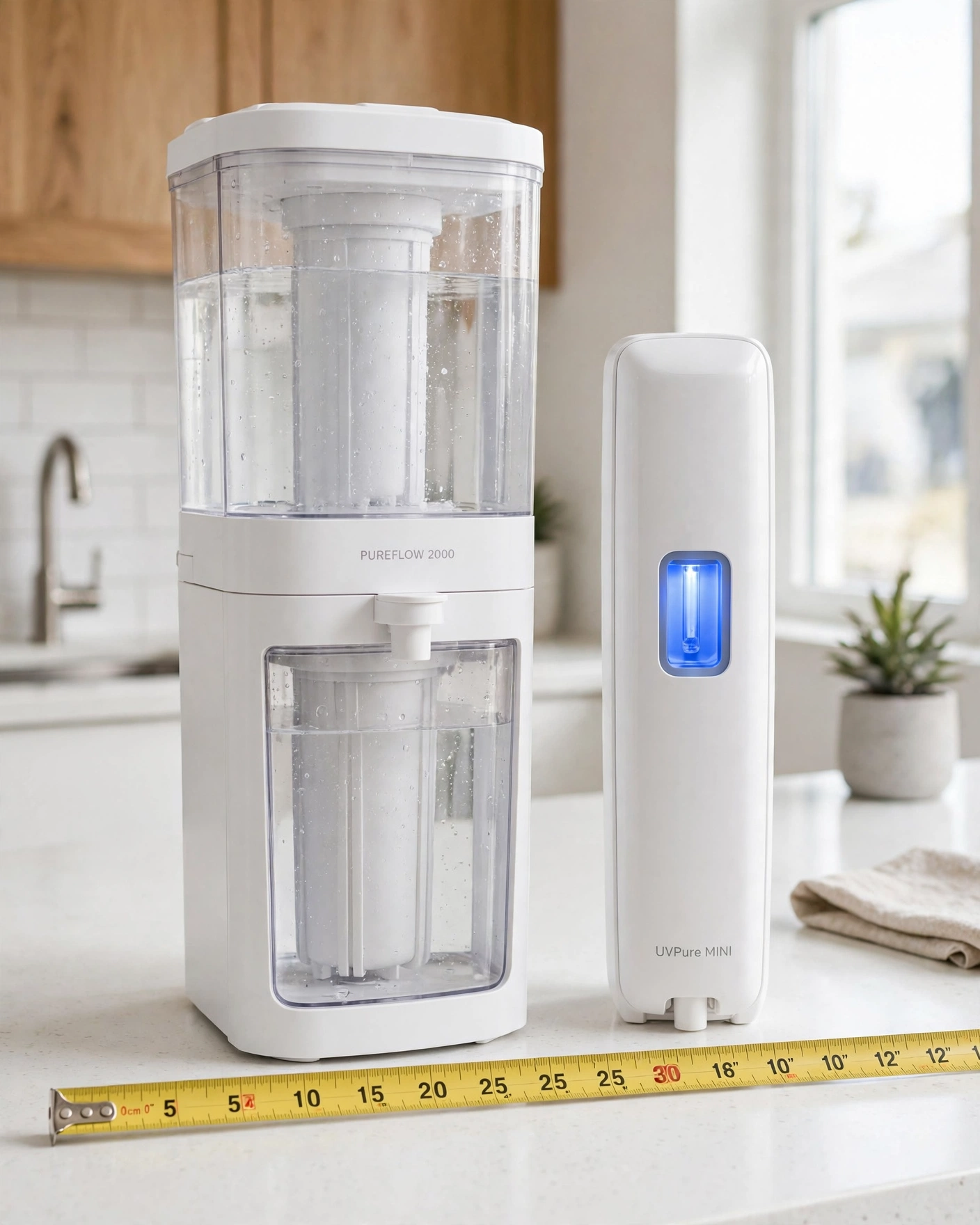 Measuring tape across two countertop RO units showing footprint size difference