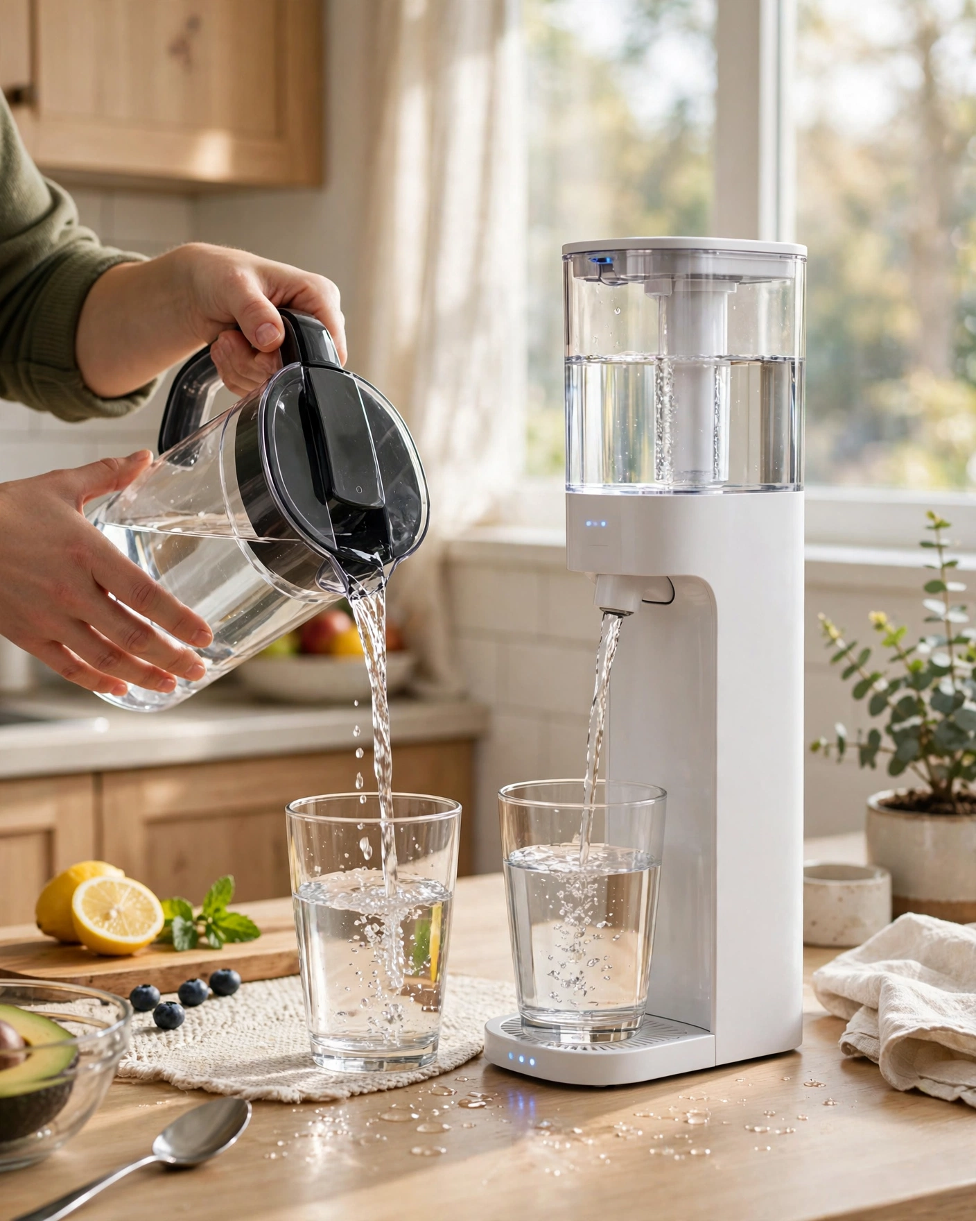 Hands pouring filtered water from a countertop RO pitcher into glasses in a family kitchen