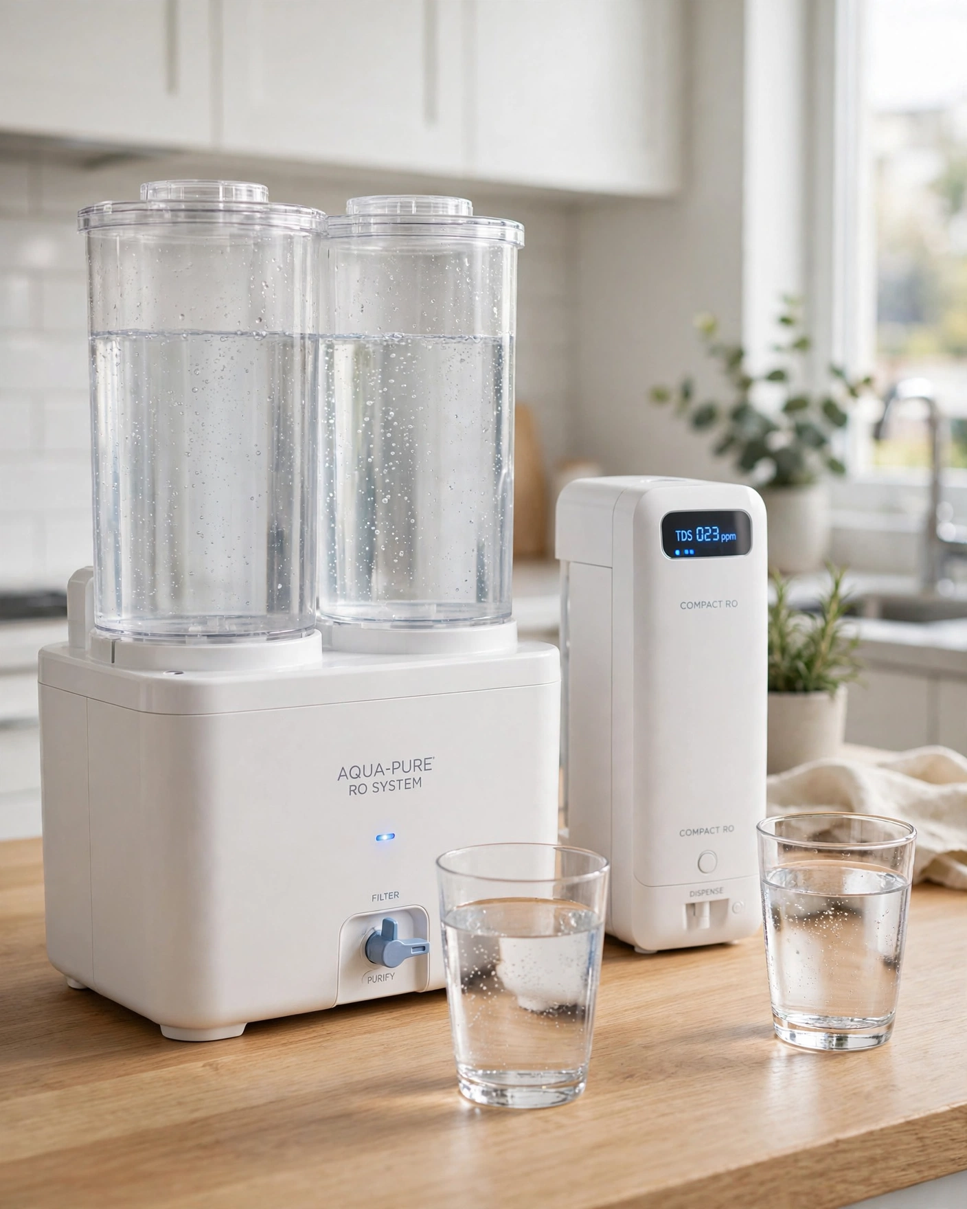 AquaTru Classic and SimPure Y7P countertop RO units side by side on a kitchen counter