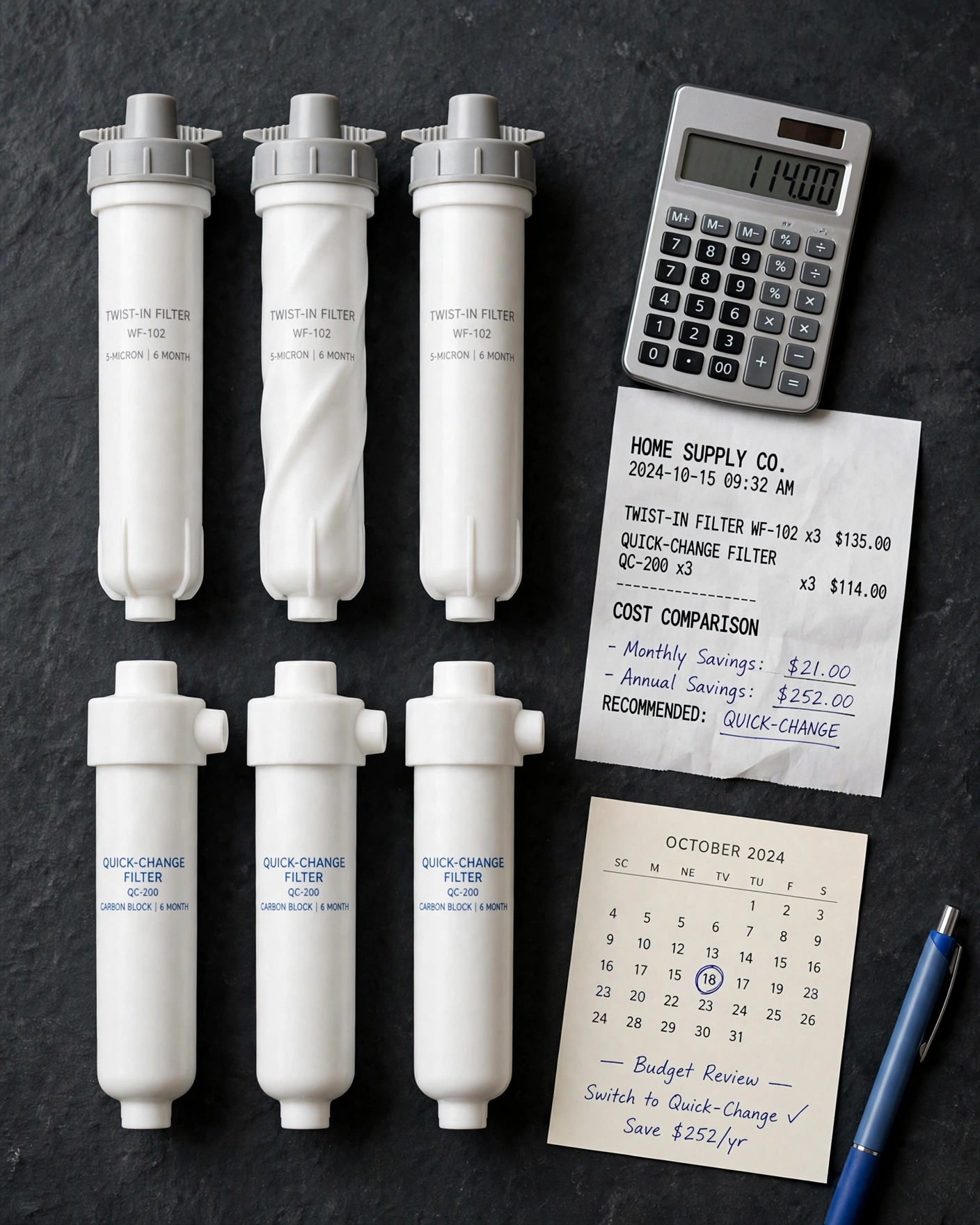 Two rows of replacement filter cartridges with calculator and receipt for yearly cost comparison