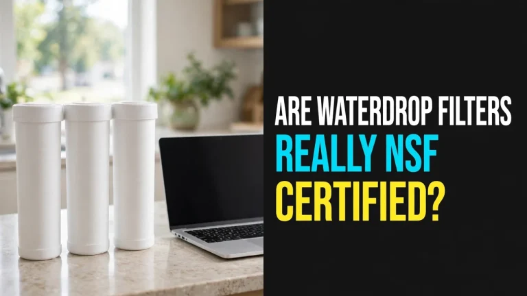 Are Waterdrop filters really NSF certified — three plain filter cartridges and a laptop on a kitchen counter