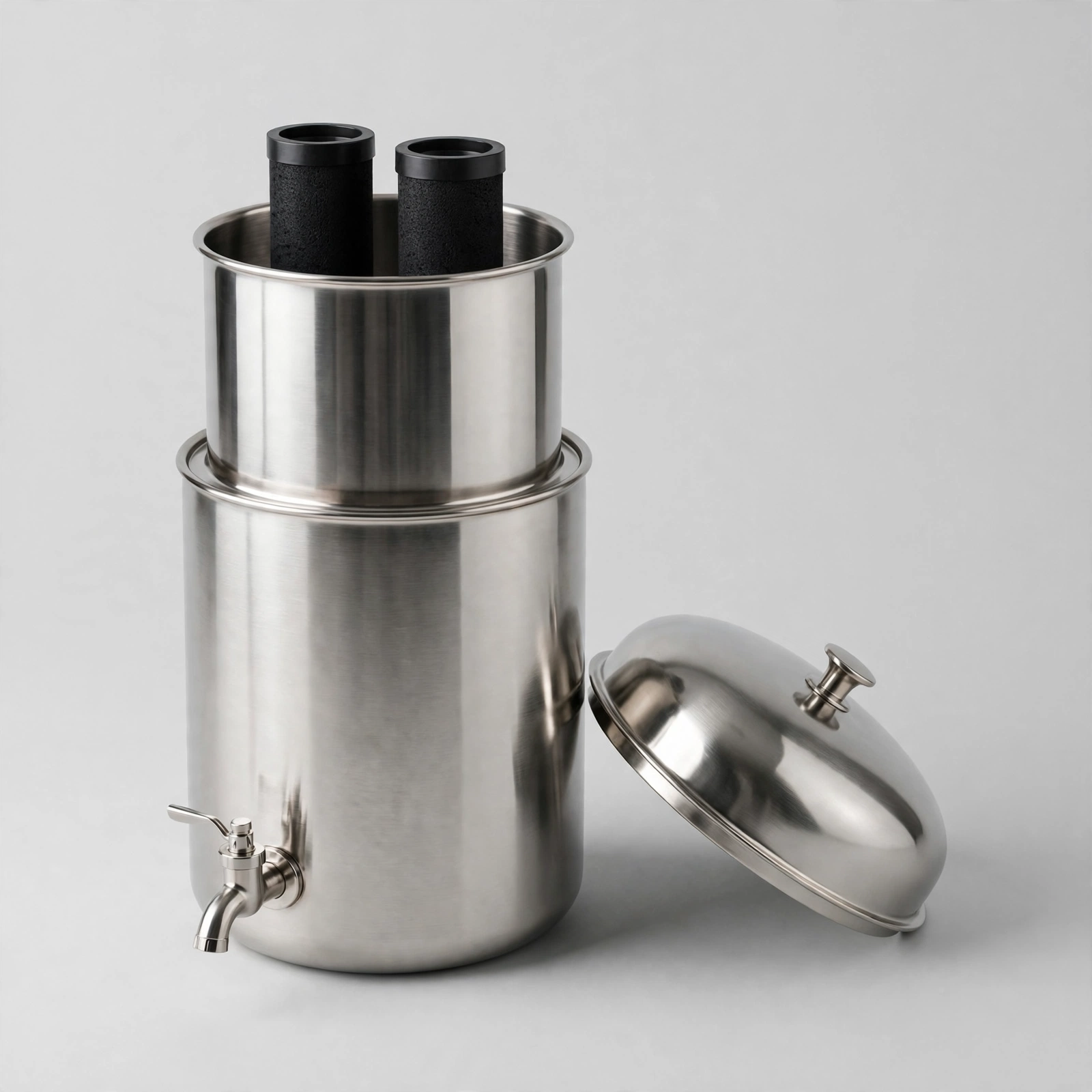 Open Berkey upper chamber showing two black filter elements installed