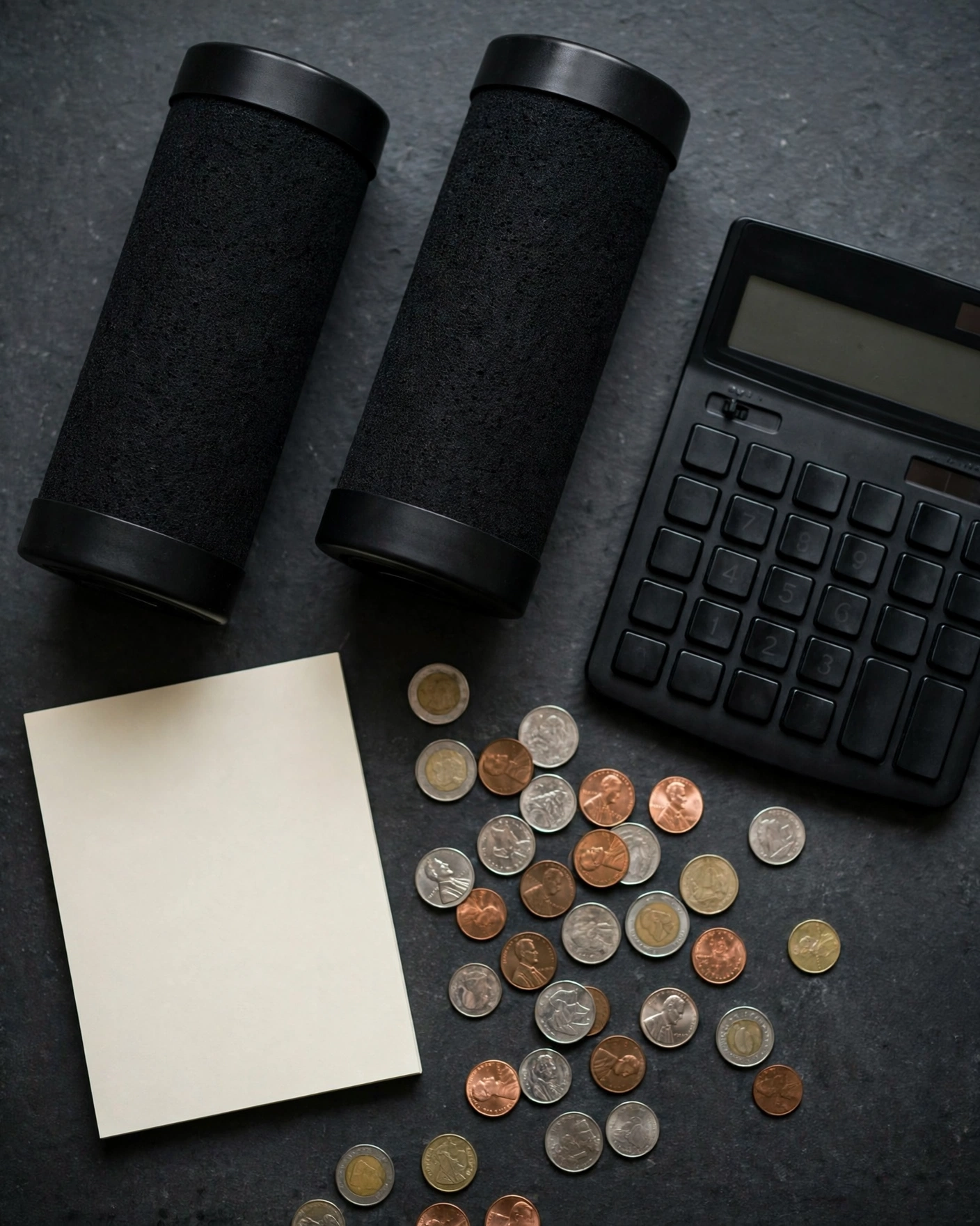 Two black gravity filter elements with a calculator and coins for per-gallon cost math