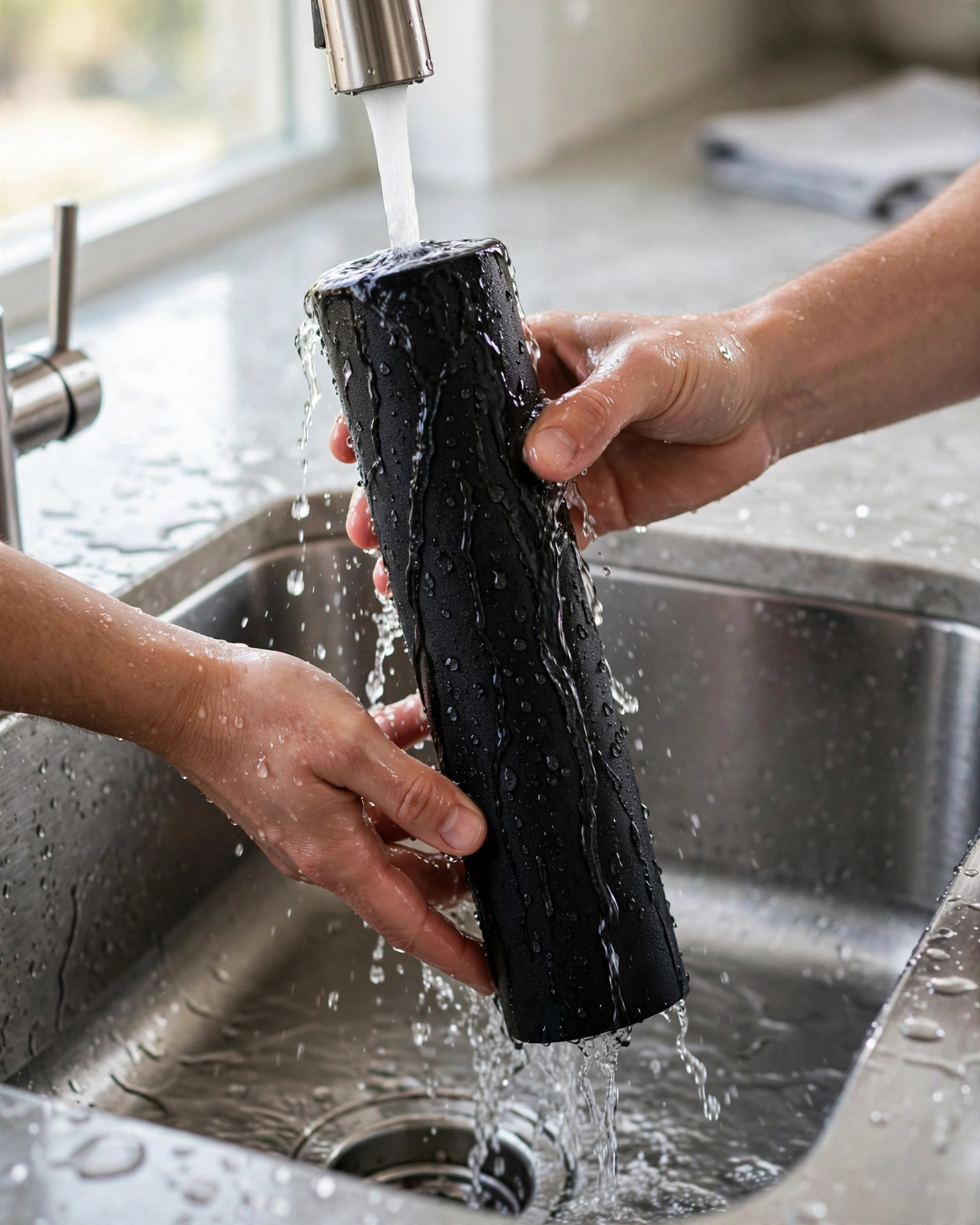Hands priming a black gravity filter element under a running kitchen faucet